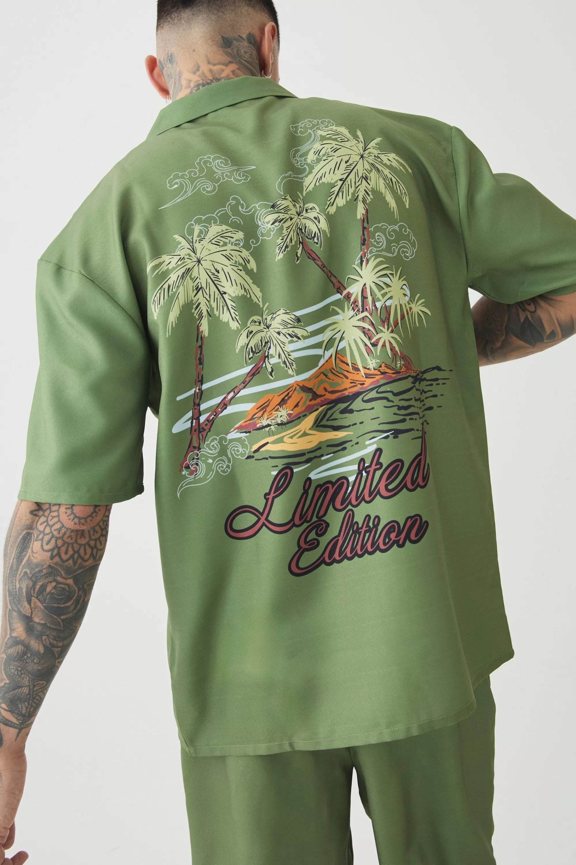 boohooMAN Tall Back Print Linen Look Shirt & Short Set | UK