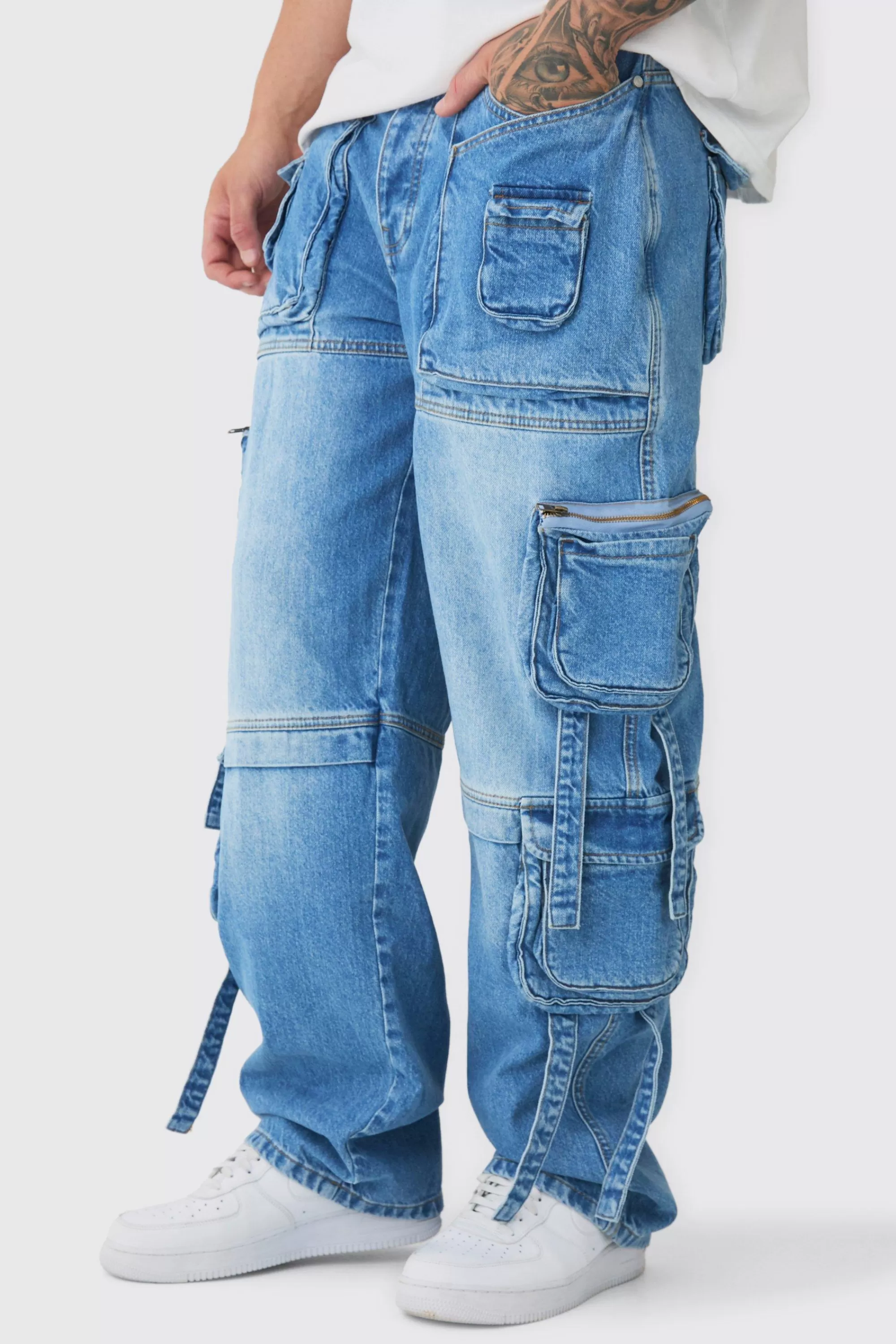 boohooMAN Tall Baggy Rigid Multi Pocket Strap Detail Cargo Jeans | UK