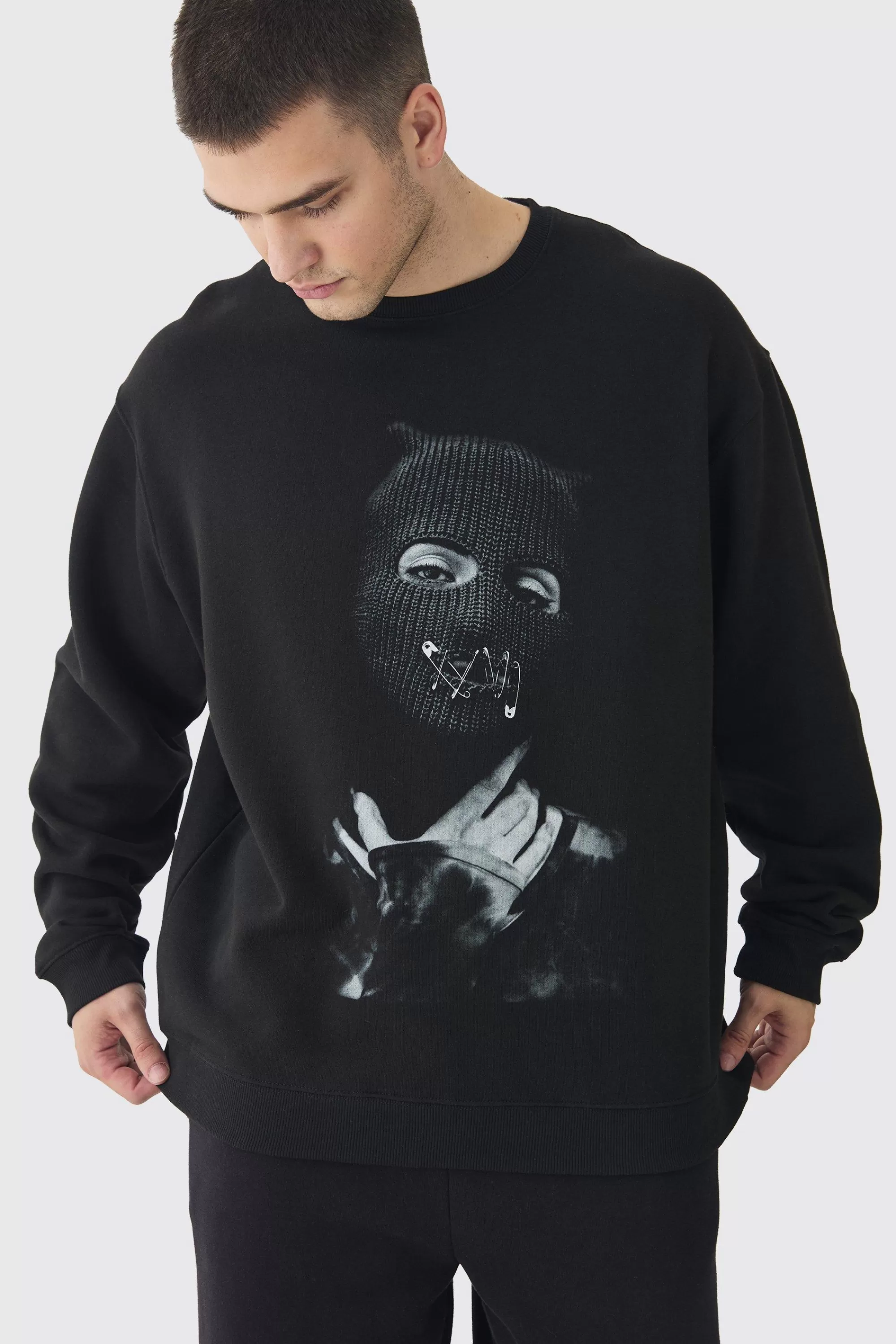 boohooMAN Tall Balaclava Graphic Oversized Sweatshirt | UK