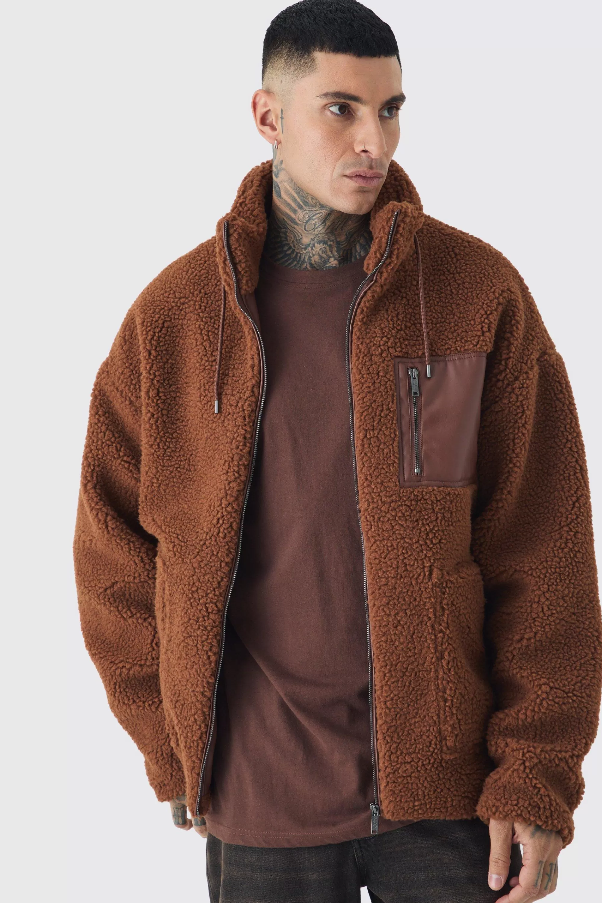 boohooMAN Tall Borg Funnel Neck Jacket With PU Pocket In | UK