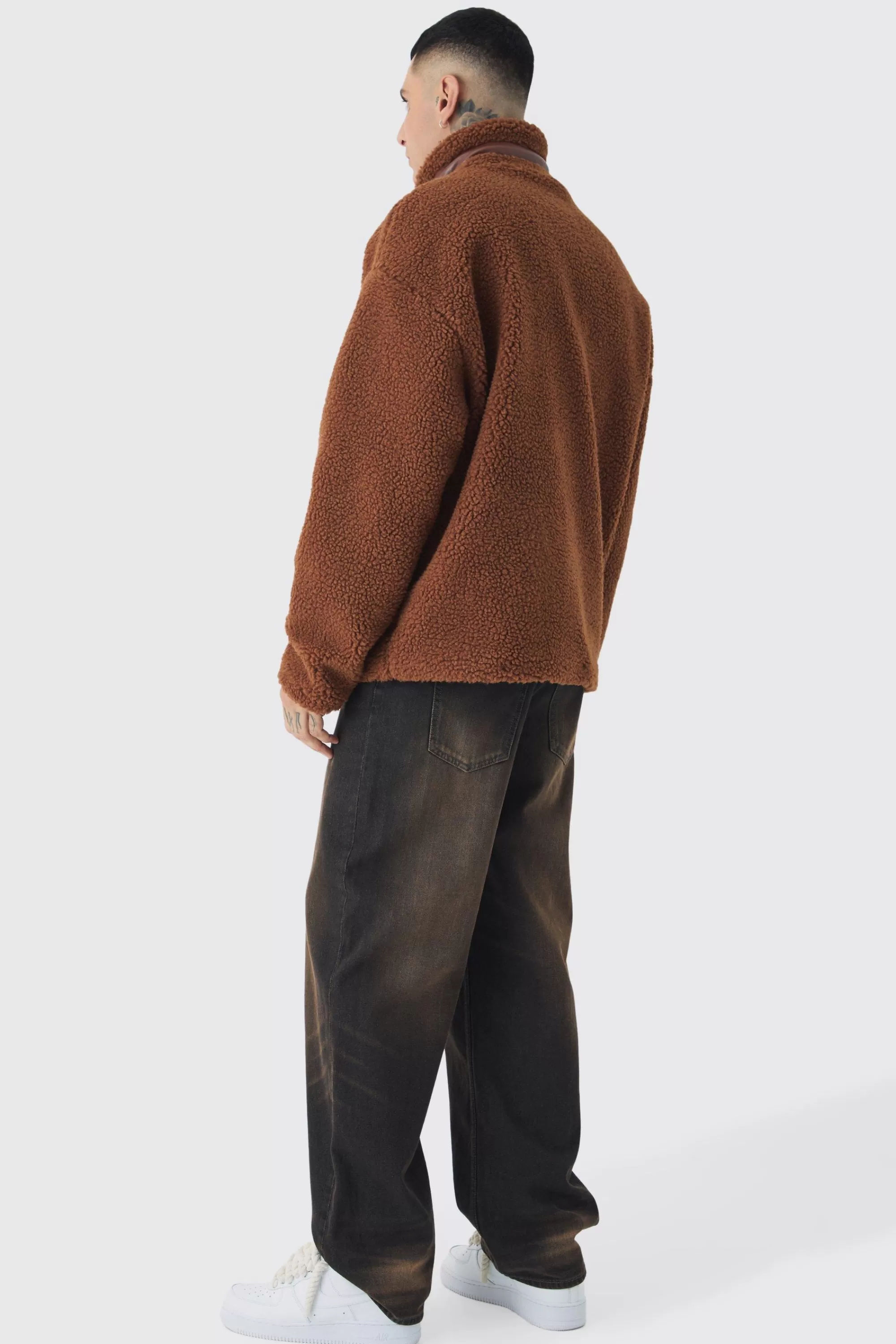 boohooMAN Tall Borg Funnel Neck Jacket With PU Pocket In | UK