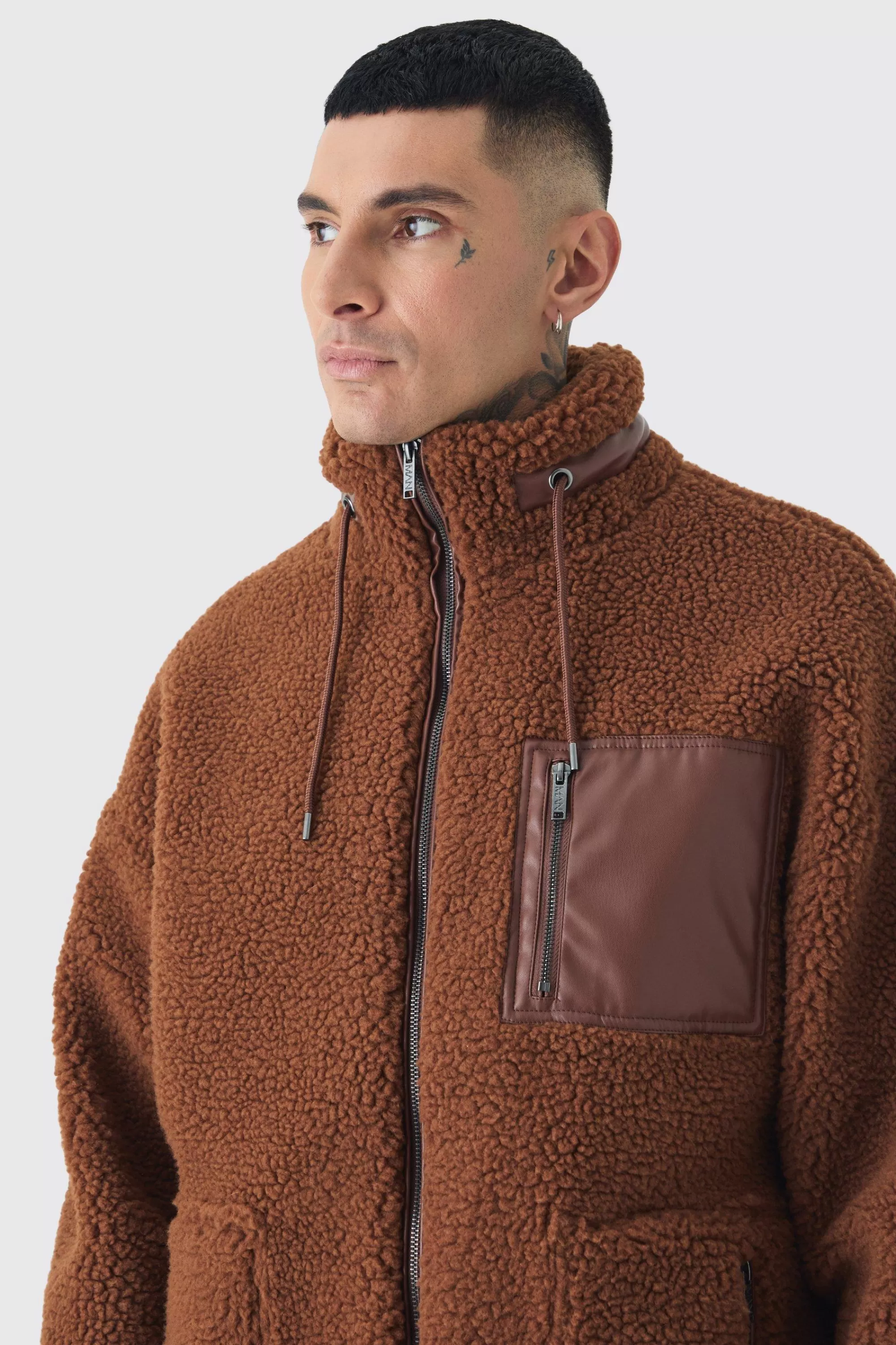 boohooMAN Tall Borg Funnel Neck Jacket With PU Pocket In | UK