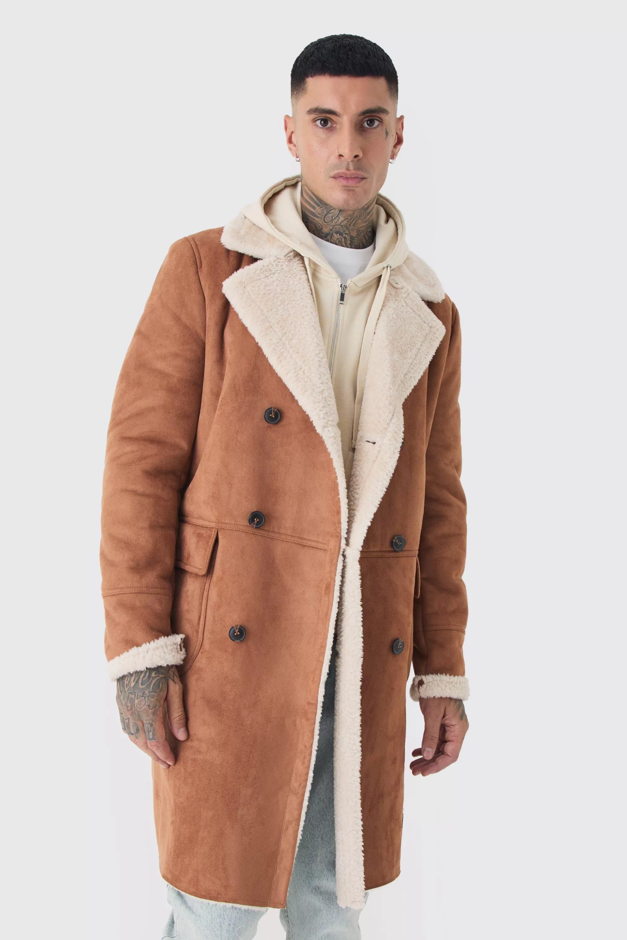boohooMAN Tall Borg Lined Double Breasted Overcoat In | UK