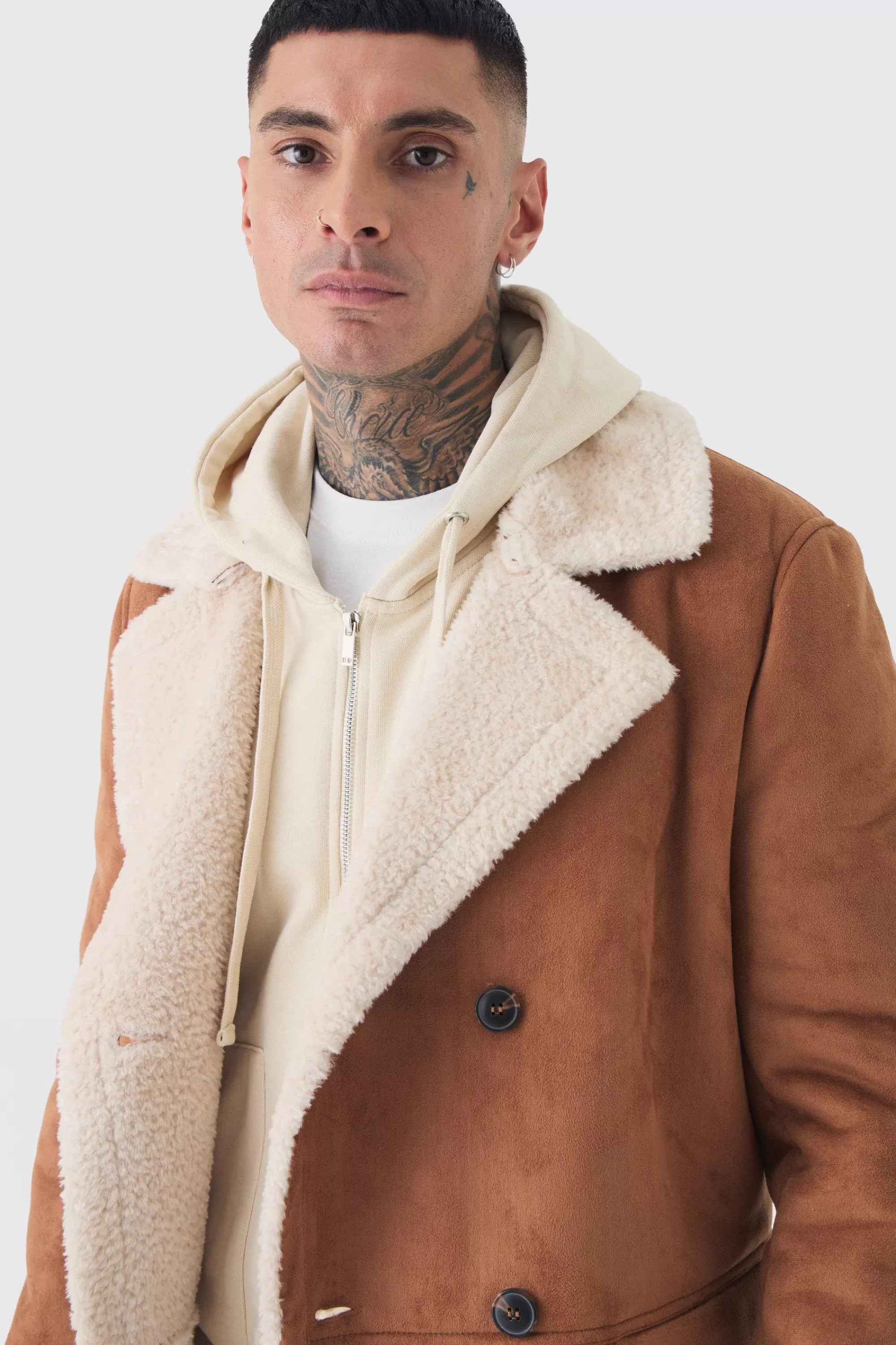 boohooMAN Tall Borg Lined Double Breasted Overcoat In | UK