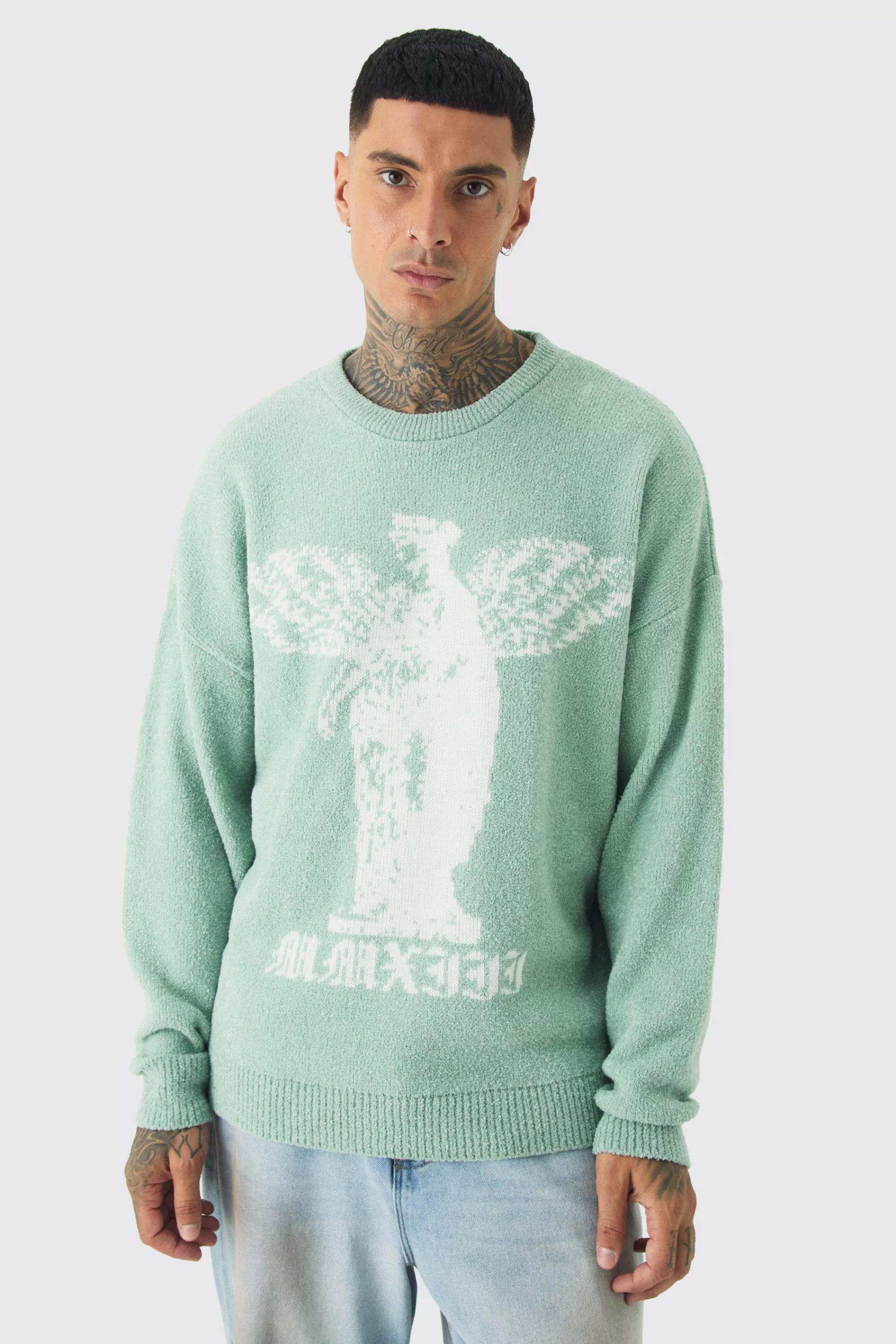 boohooMAN Tall Boucle Knit Renaissance Crew Neck Jumper | UK