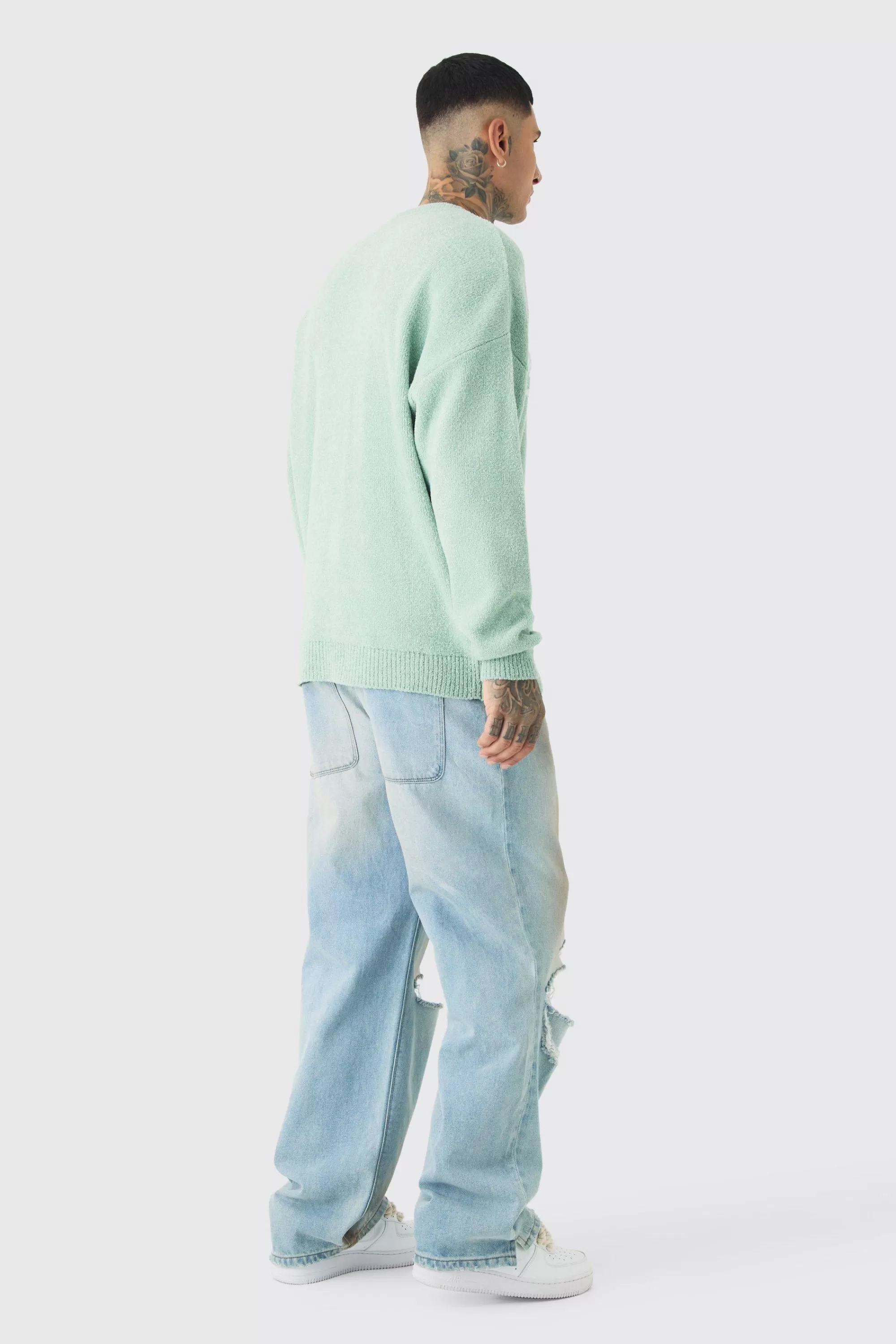 boohooMAN Tall Boucle Knit Renaissance Crew Neck Jumper | UK