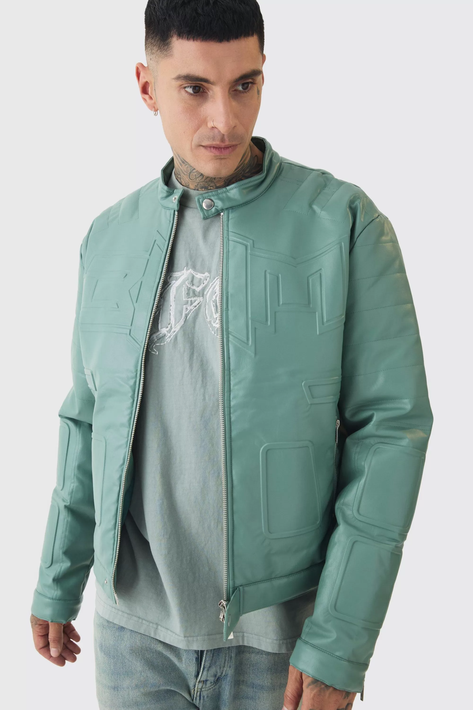 boohooMAN Tall Boxy BHM PU Collarless Moto Biker Jacket In | UK