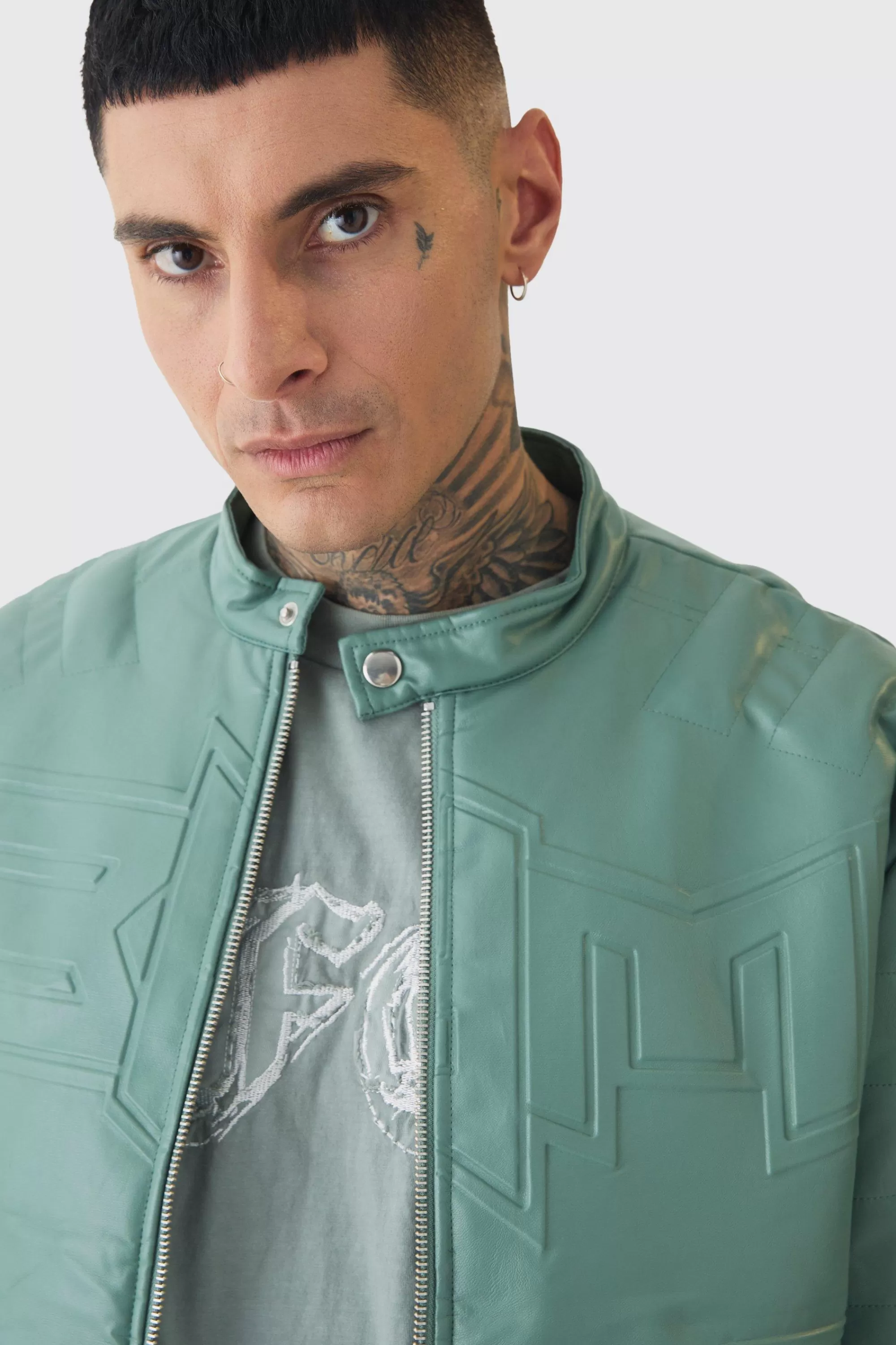 boohooMAN Tall Boxy BHM PU Collarless Moto Biker Jacket In | UK