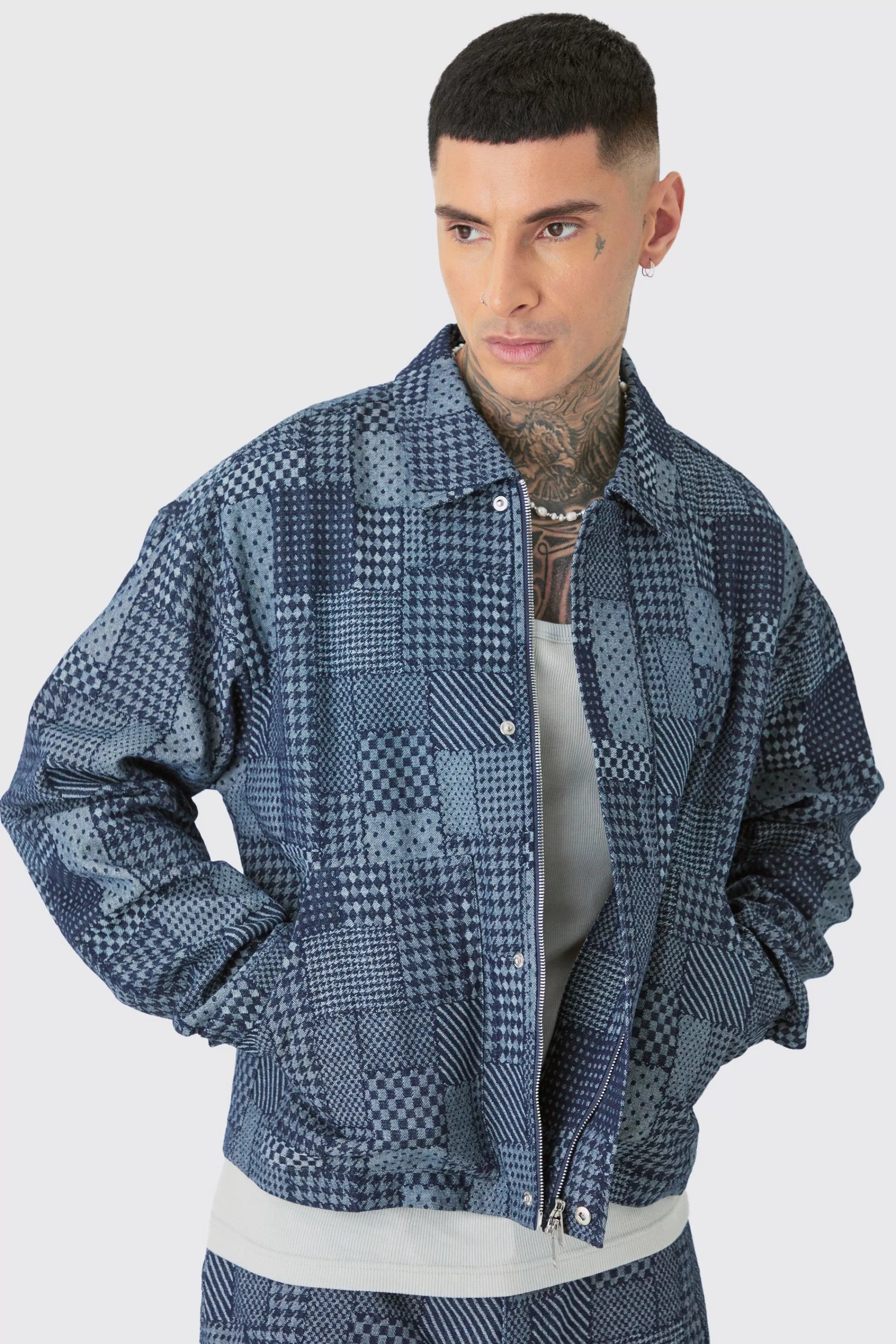 boohooMAN Tall Boxy Patch Work Denim Jacket | UK