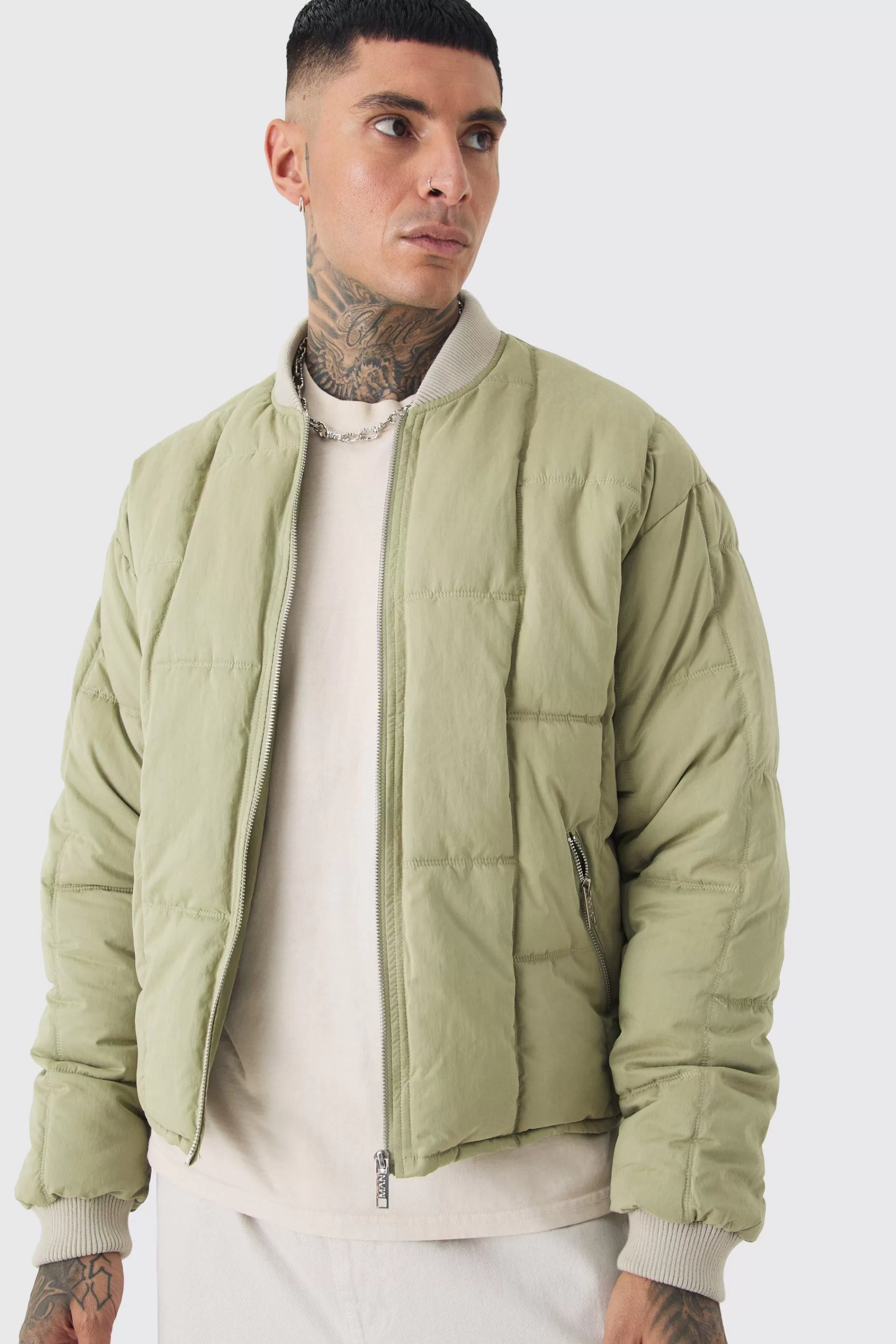 boohooMAN Tall Boxy Quilted Bomber Jacket In | UK