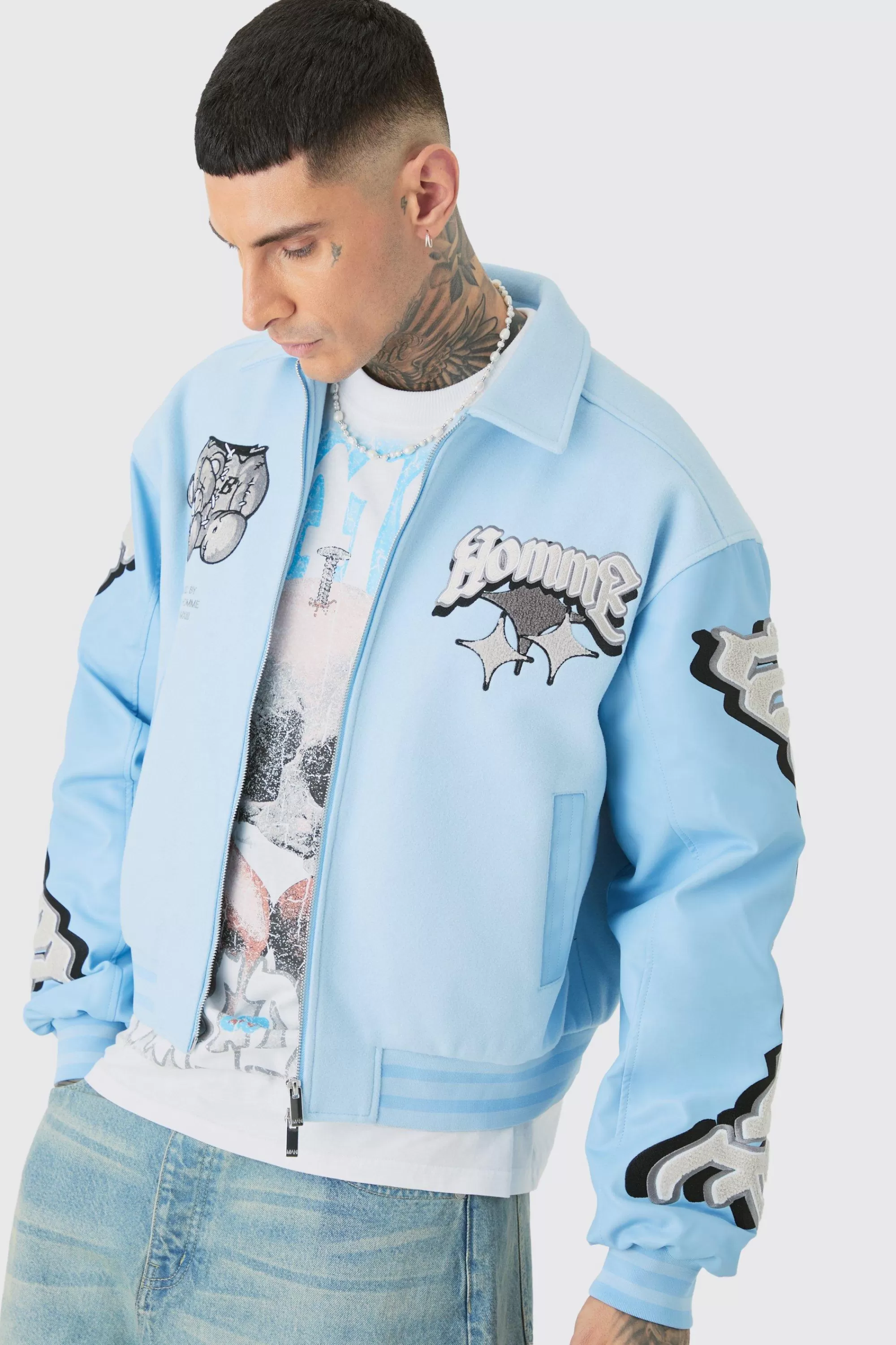 boohooMAN Tall Boxy Teddy Applique Bomber | UK