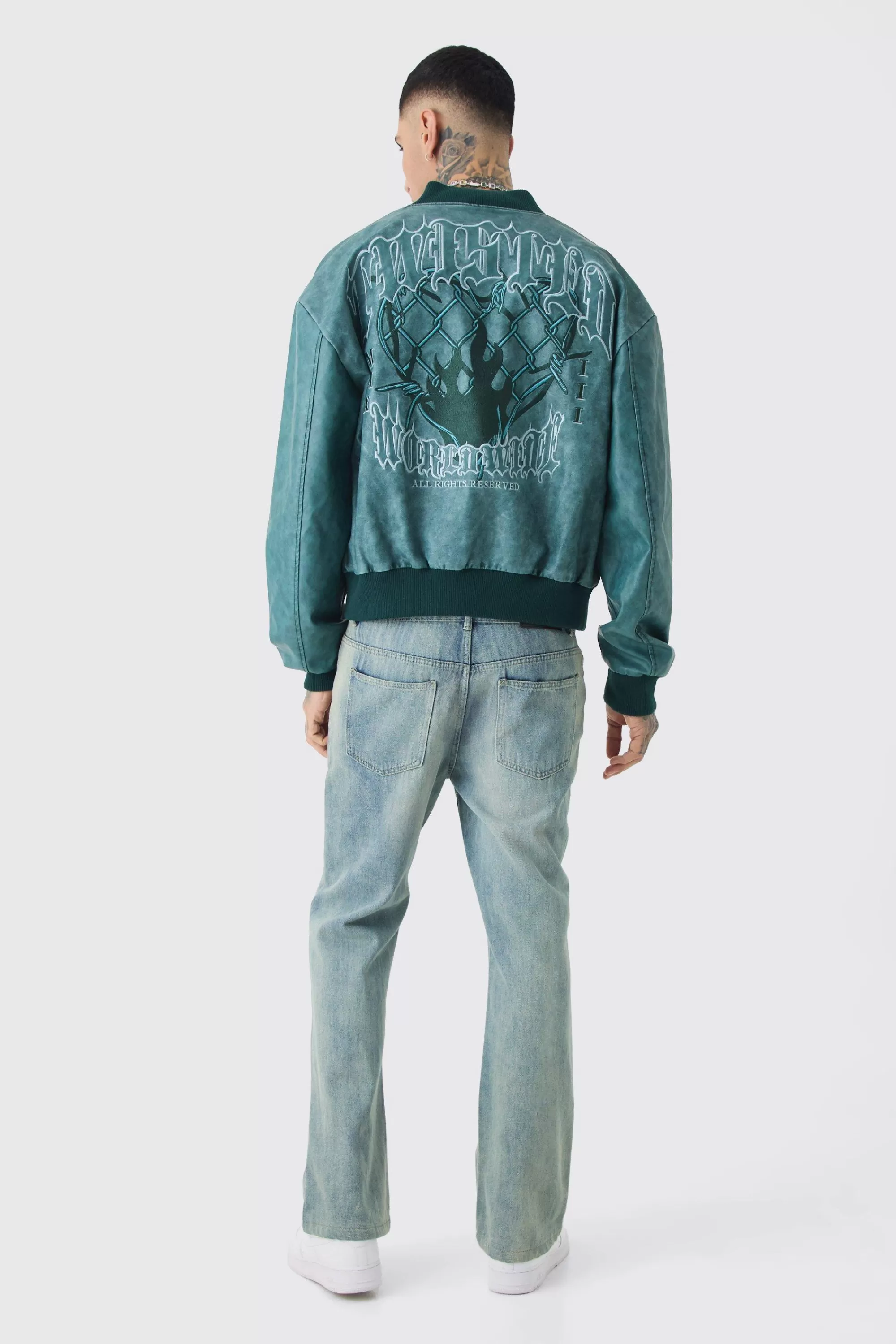 boohooMAN Tall Boxy Tonal Badge Tumbled PU Varsity Jacket In | UK