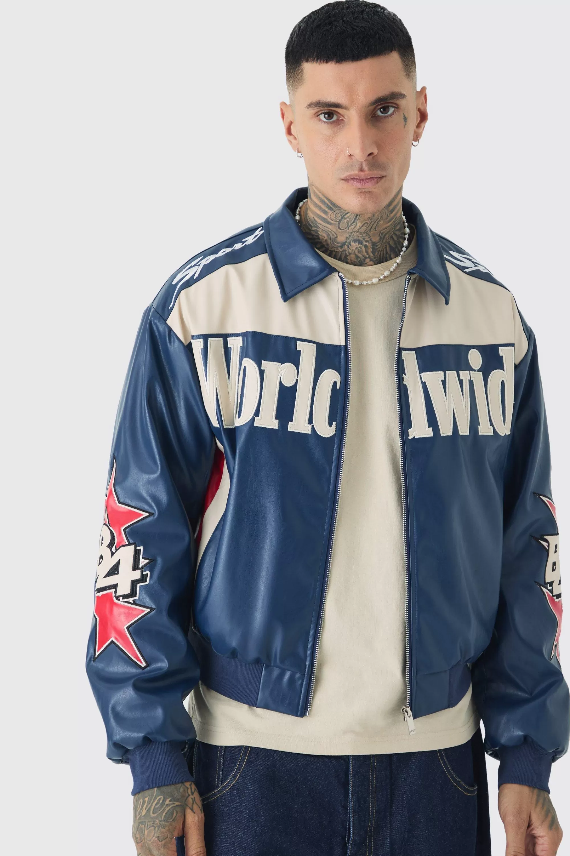 boohooMAN Tall Boxy Worldwide Collared Pu Bomber Jacket In | UK