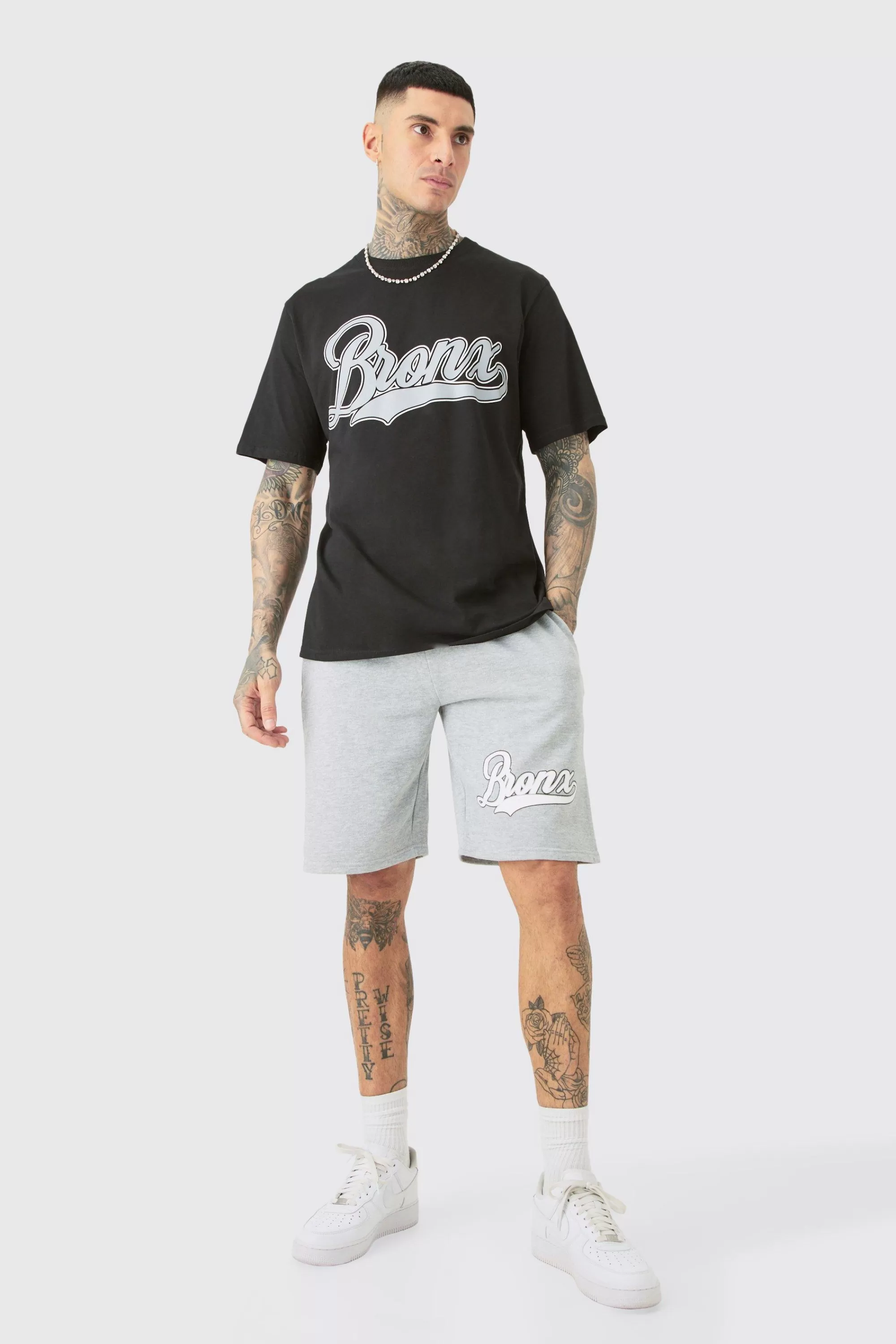 boohooMAN Tall Bronx Varsity Print T-shirt & Short Set | UK