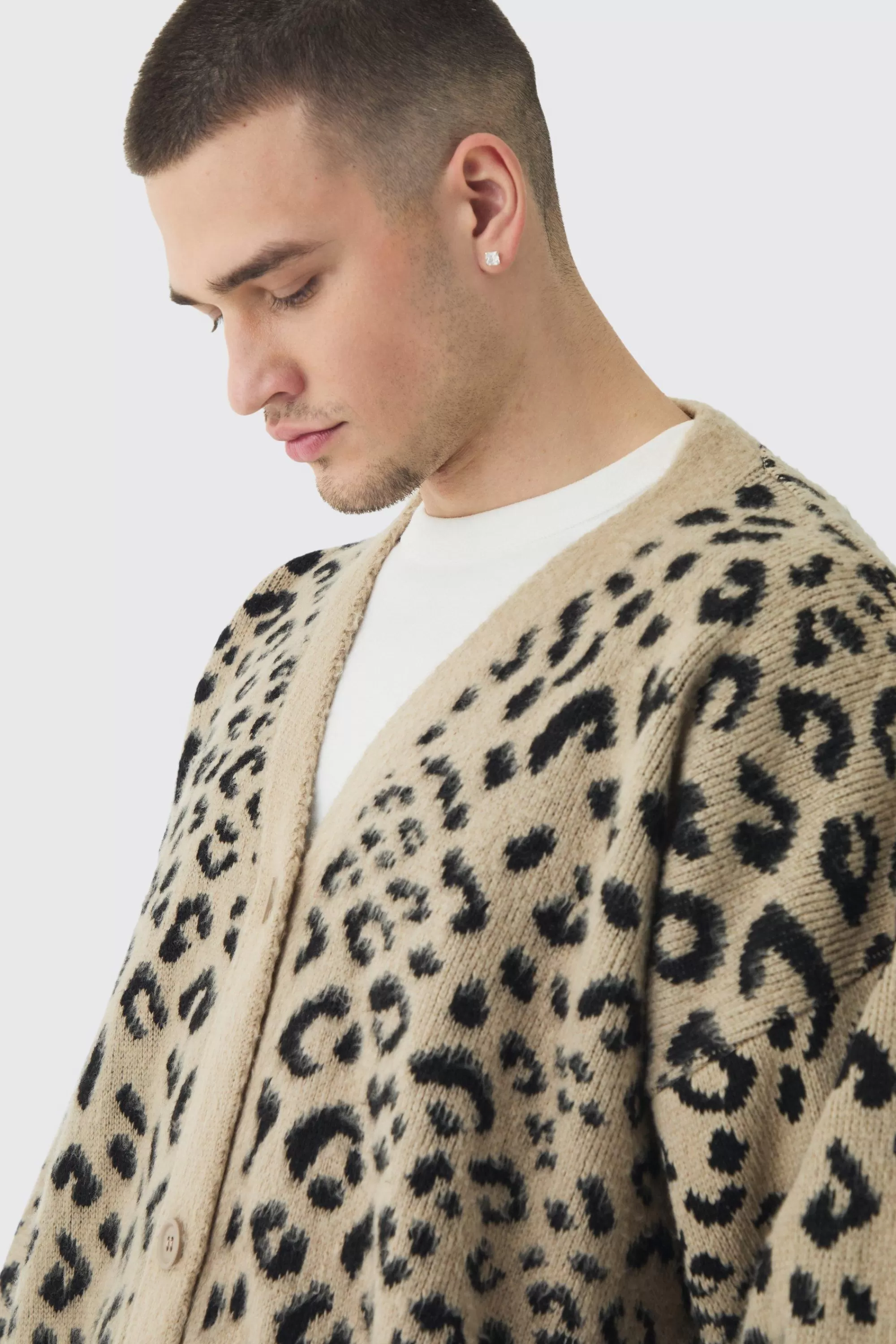 boohooMAN Tall Brushed Knit Leopard Print Oversized Cardigan | UK