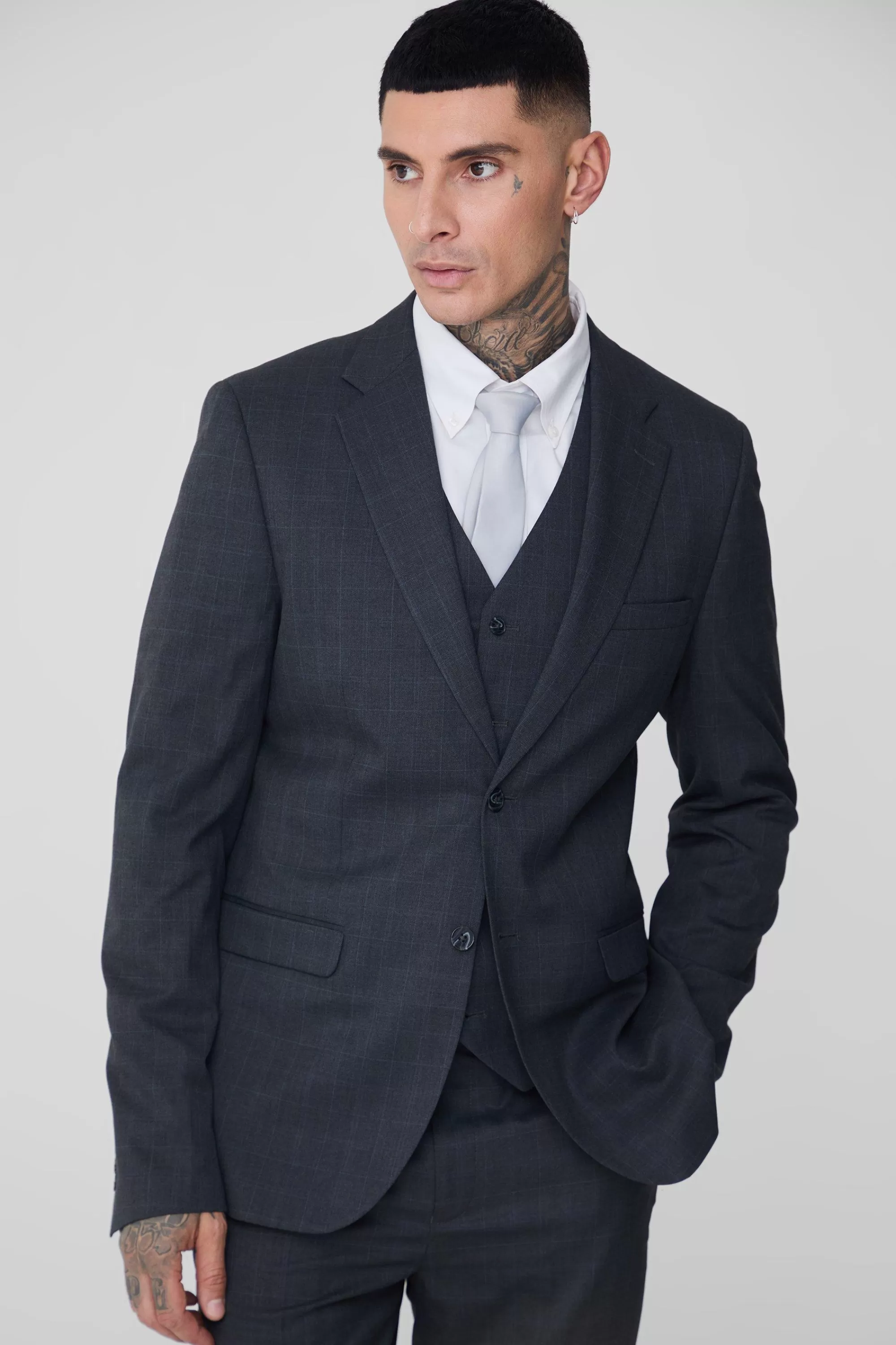 boohooMAN Tall Check Single Breasted Slim Fit Suit Jacket | UK