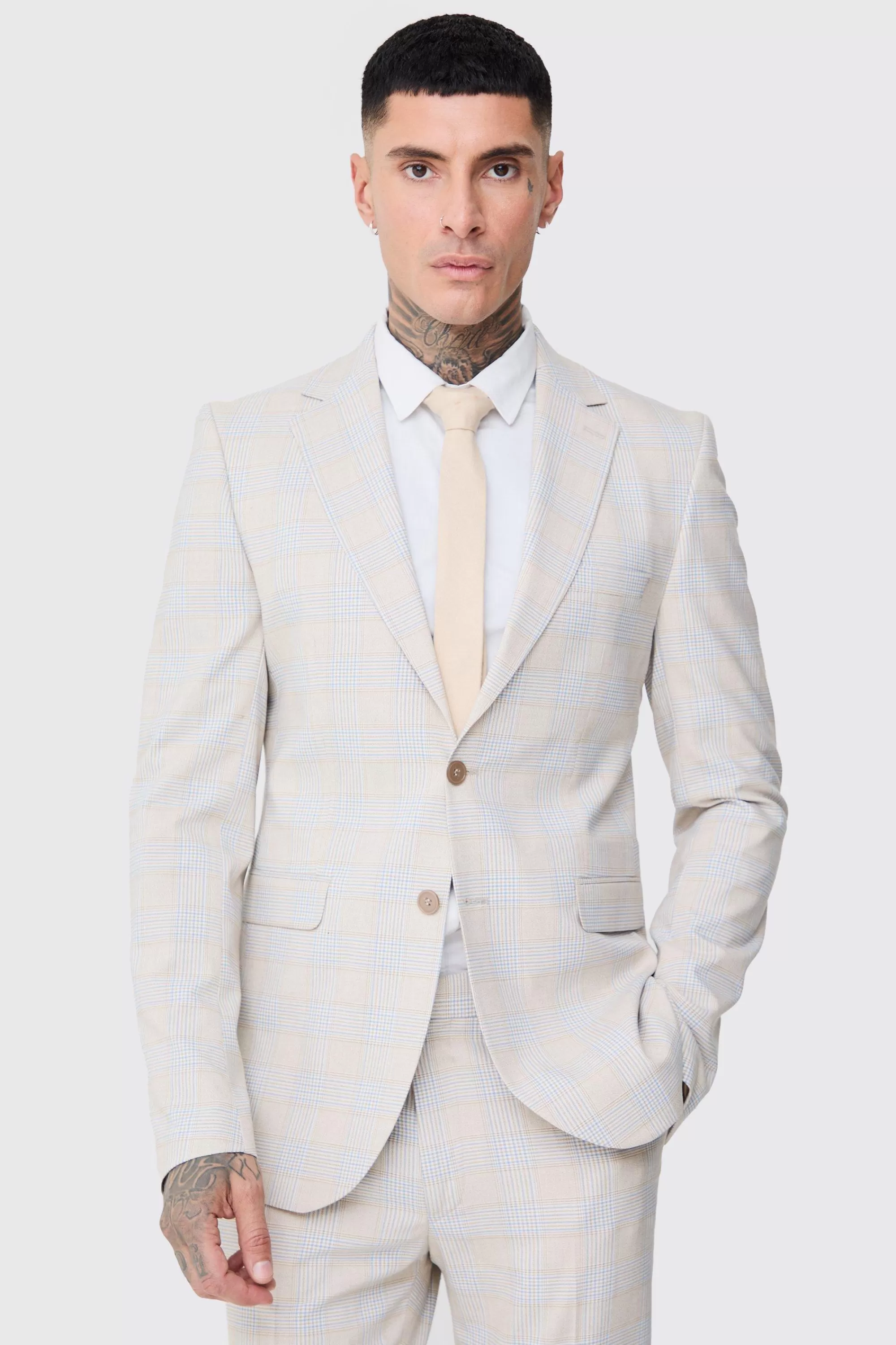 boohooMAN Tall Checked Skinny Fit Suit In | UK