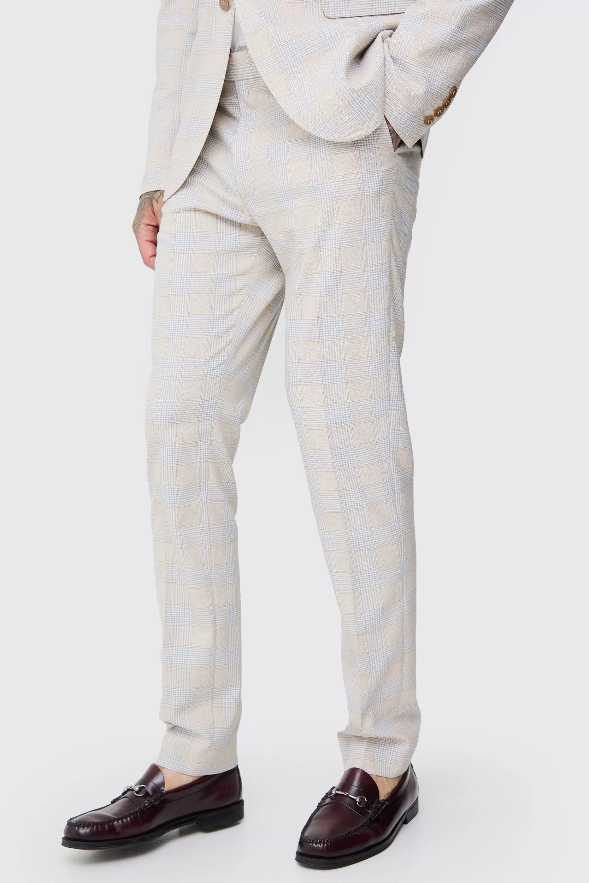 boohooMAN Tall Checked Skinny Fit Trousers | UK