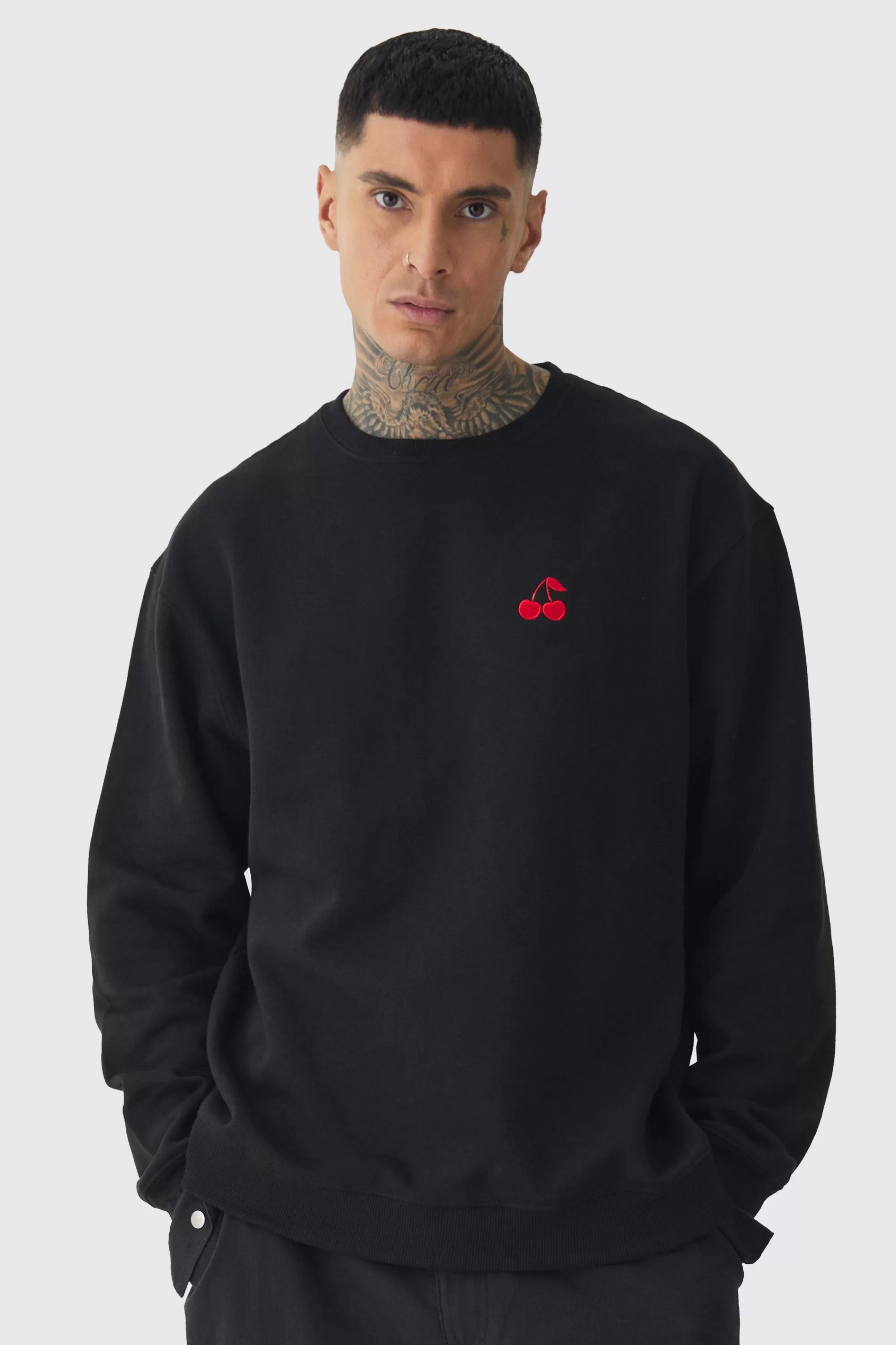 boohooMAN Tall Cherry Embroidered Sweat | UK