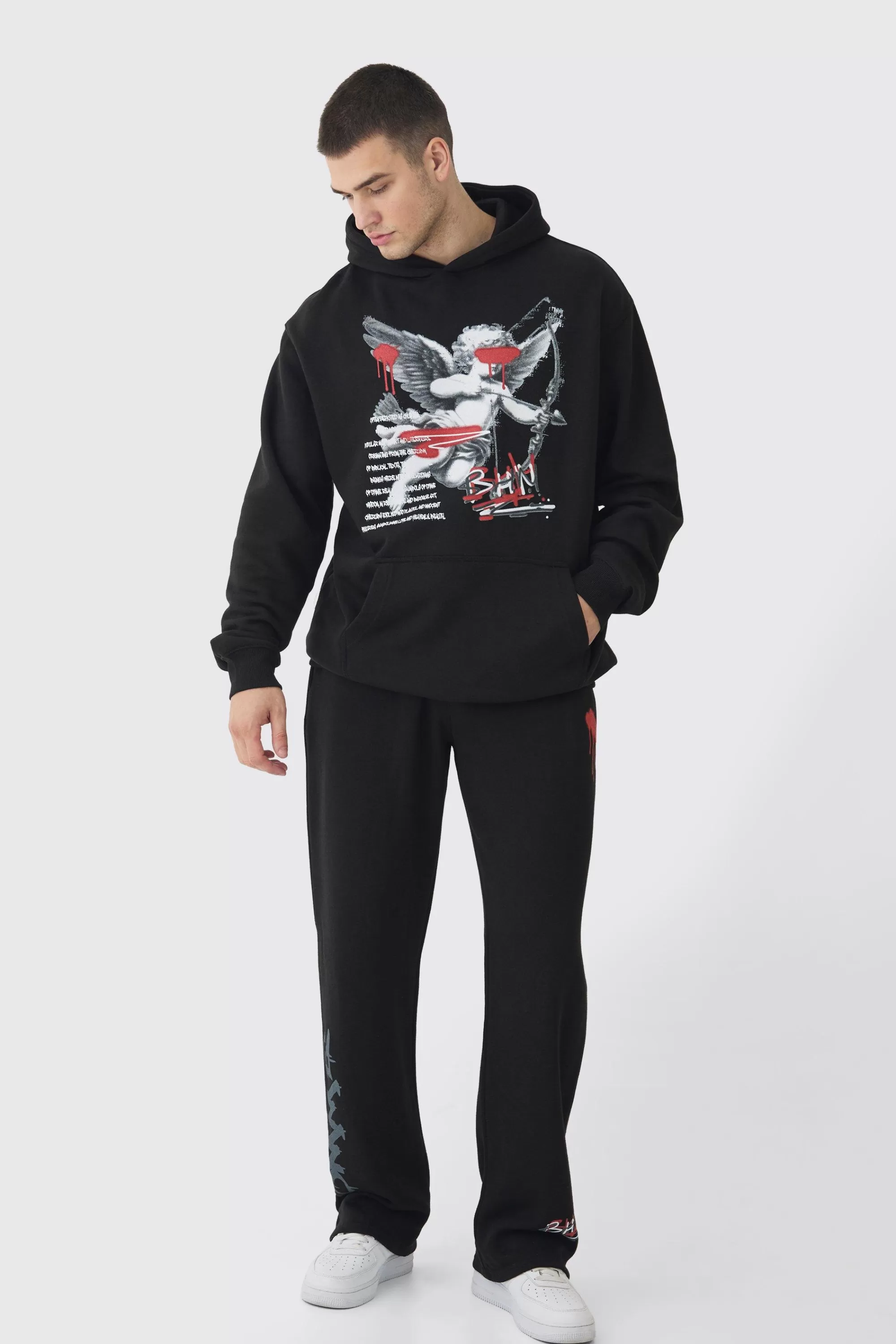 boohooMAN Tall Cherub Graffiti Graphic Hoodie & Relaxed Fit Jogger Tracksuit | UK