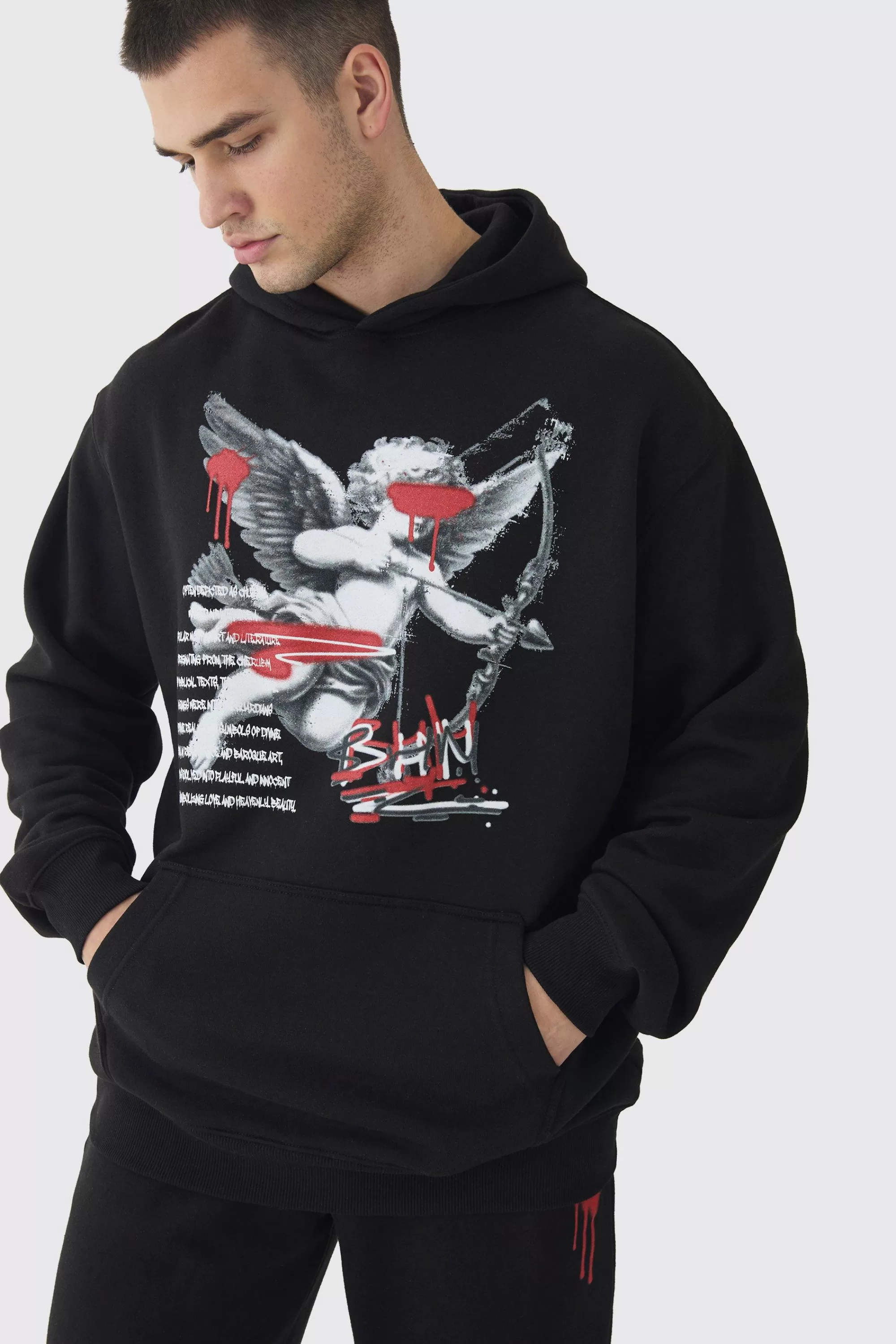 boohooMAN Tall Cherub Graffiti Graphic Hoodie & Relaxed Fit Jogger Tracksuit | UK