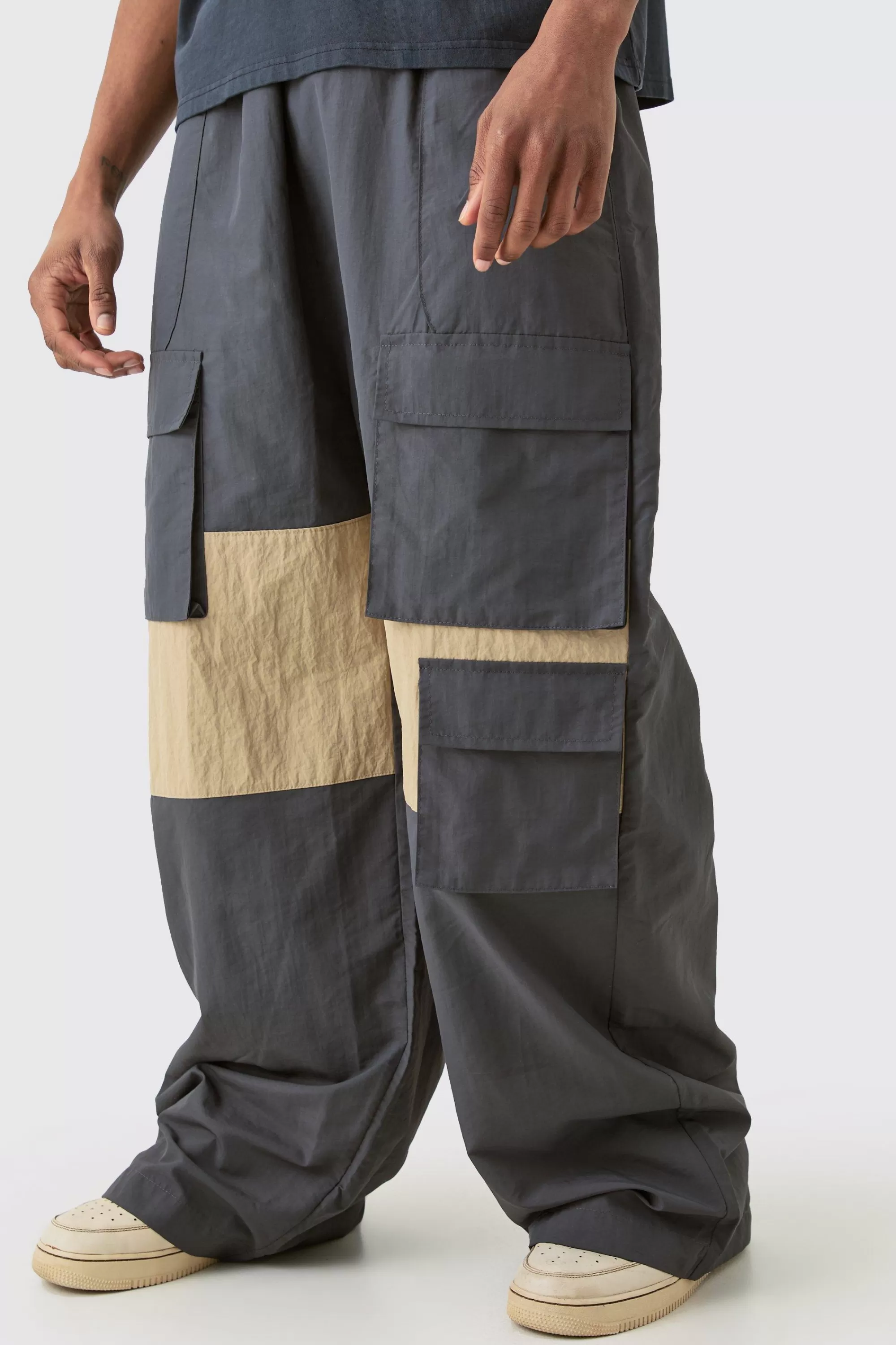boohooMAN Tall Colour Block Cargo Parachute Pants | UK