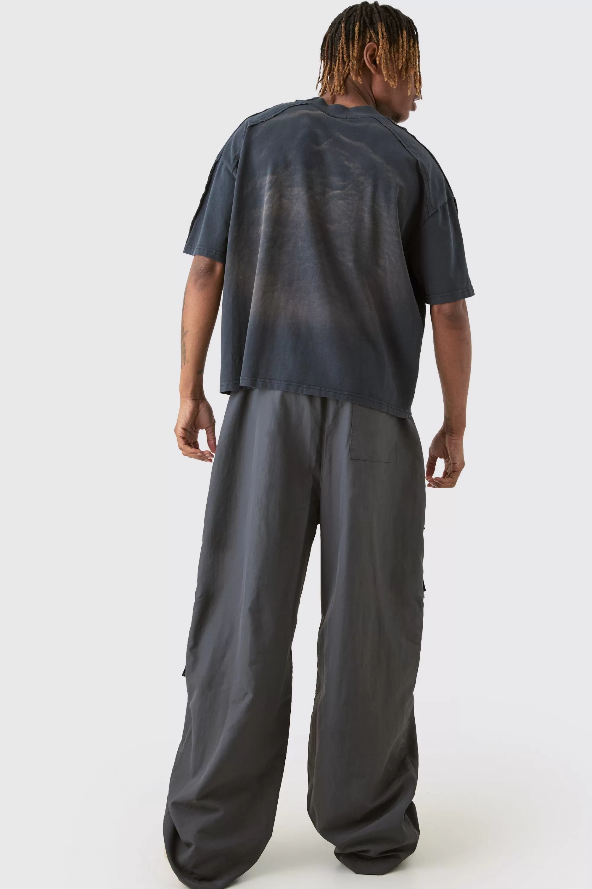 boohooMAN Tall Colour Block Cargo Parachute Pants | UK