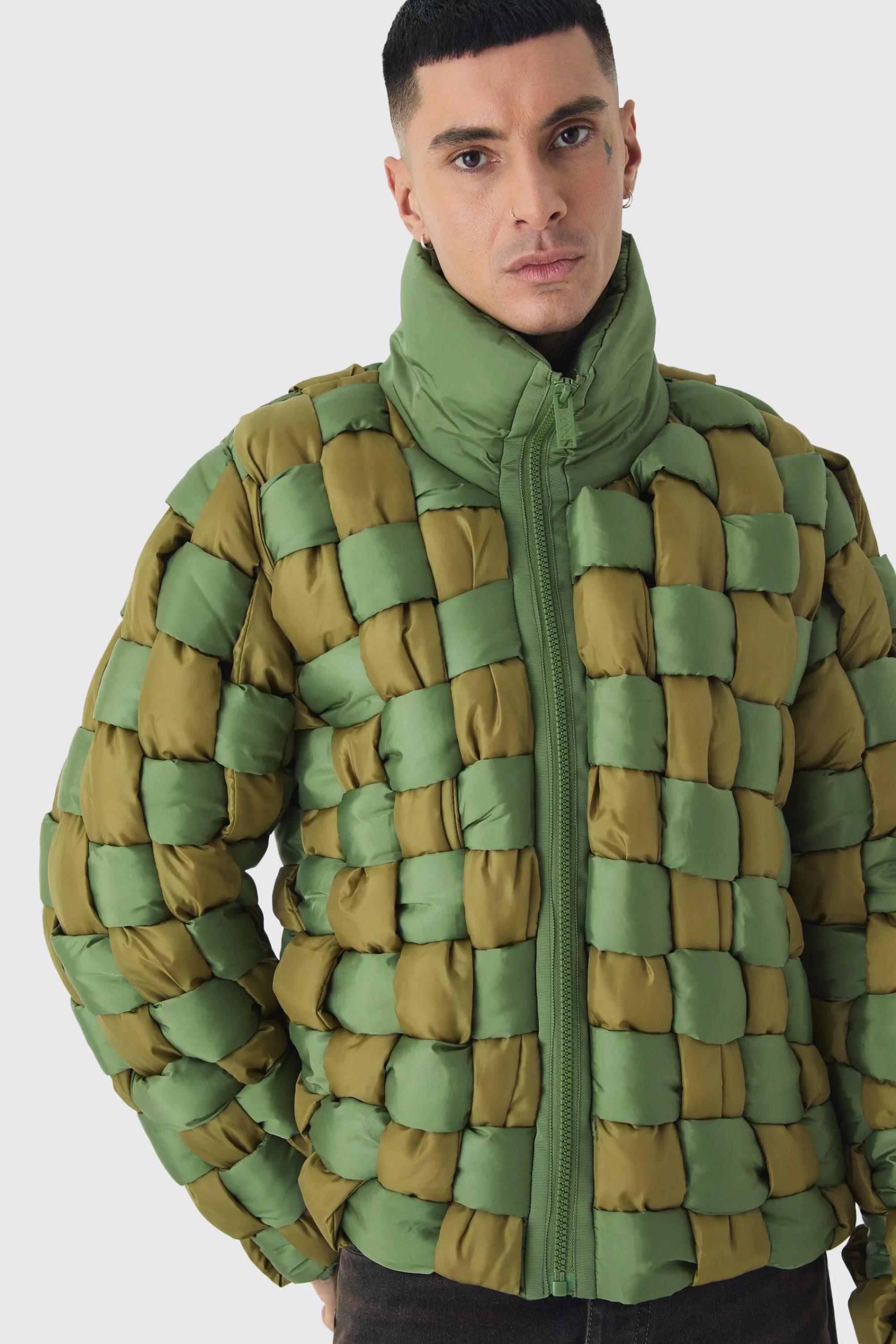 boohooMAN Tall Contrast Hand Weft Padded Puffer Jacket In | UK