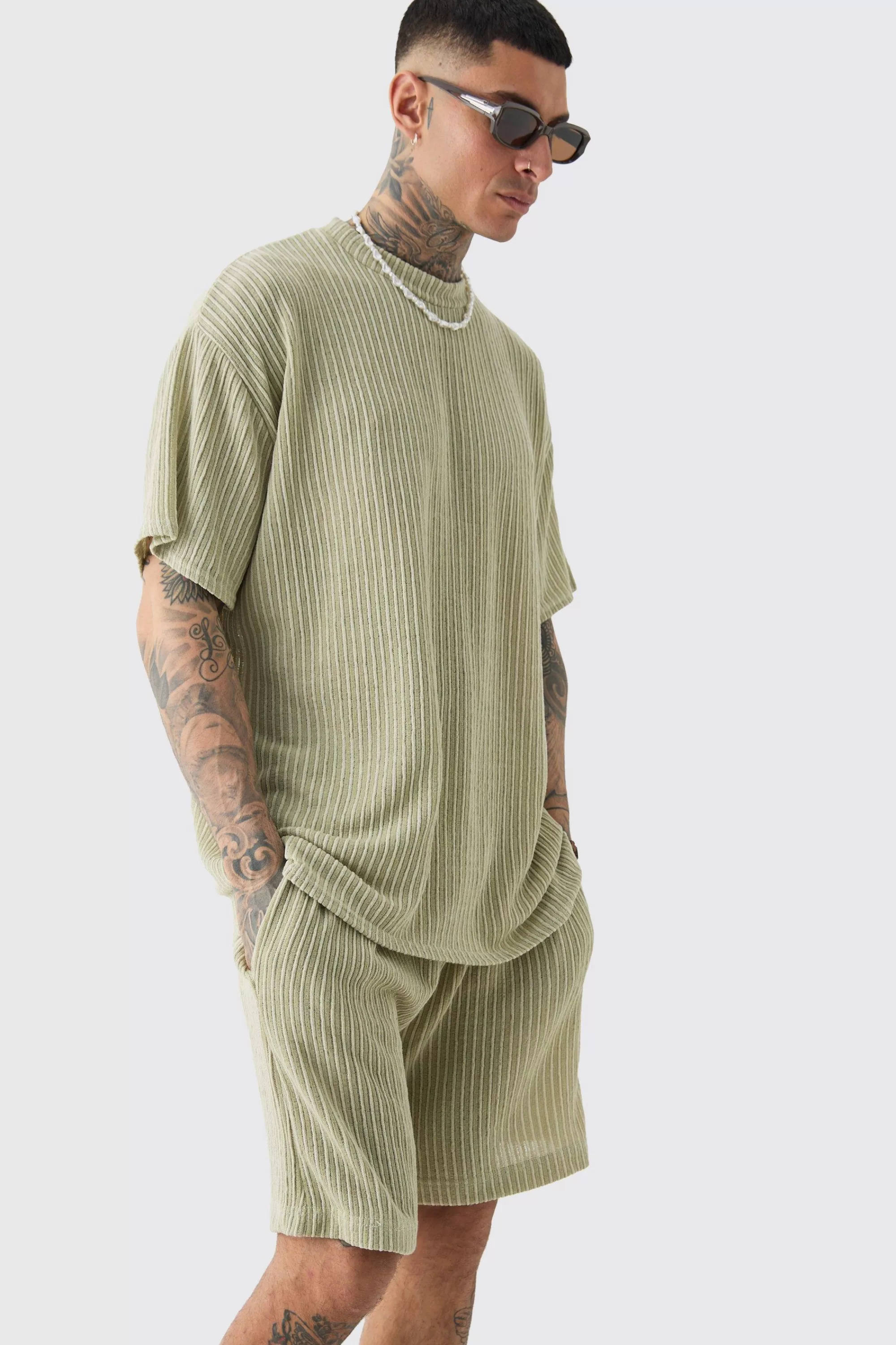 boohooMAN Tall Crochet Rib T-shirt & Short Set | UK