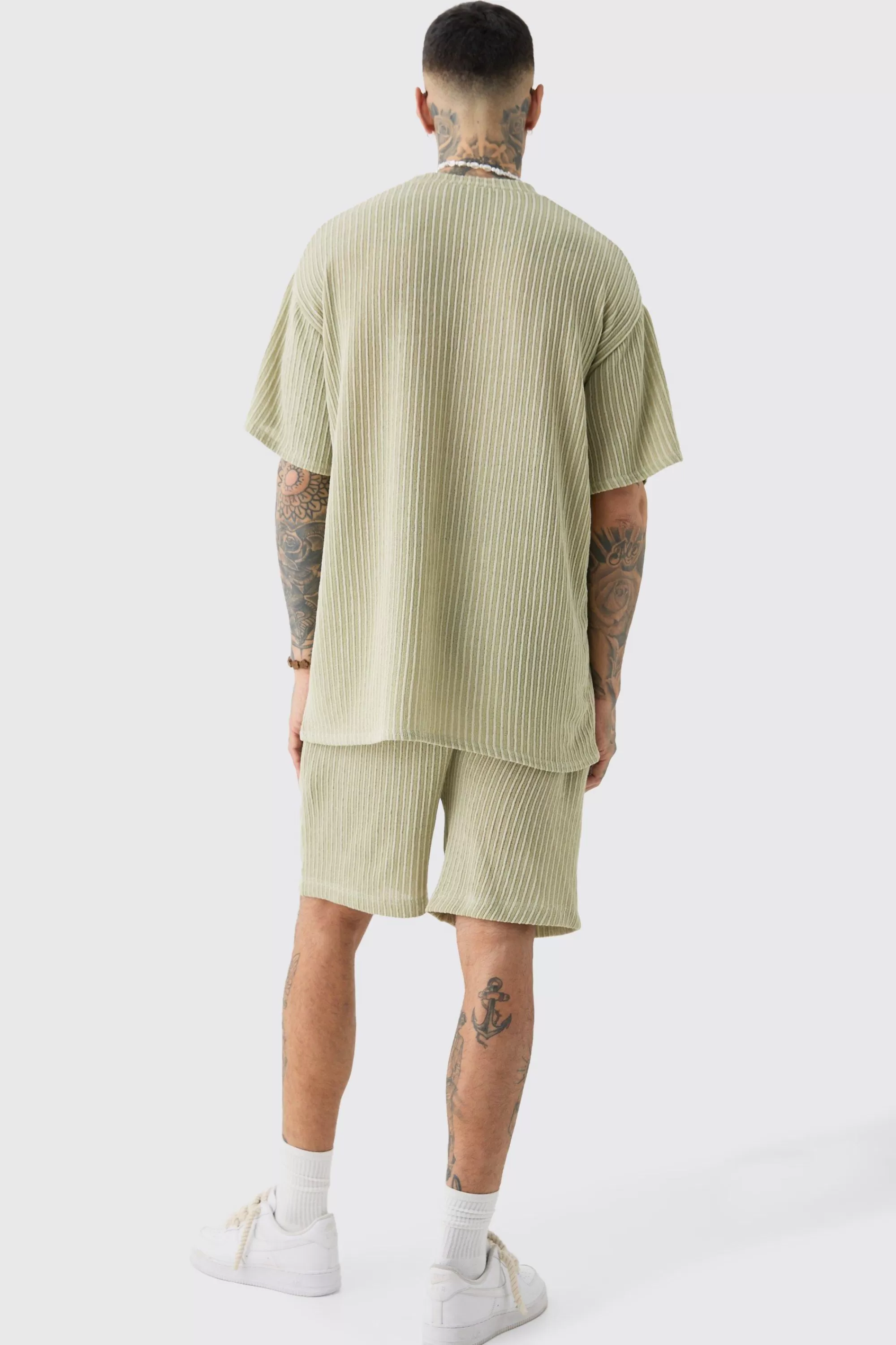 boohooMAN Tall Crochet Rib T-shirt & Short Set | UK