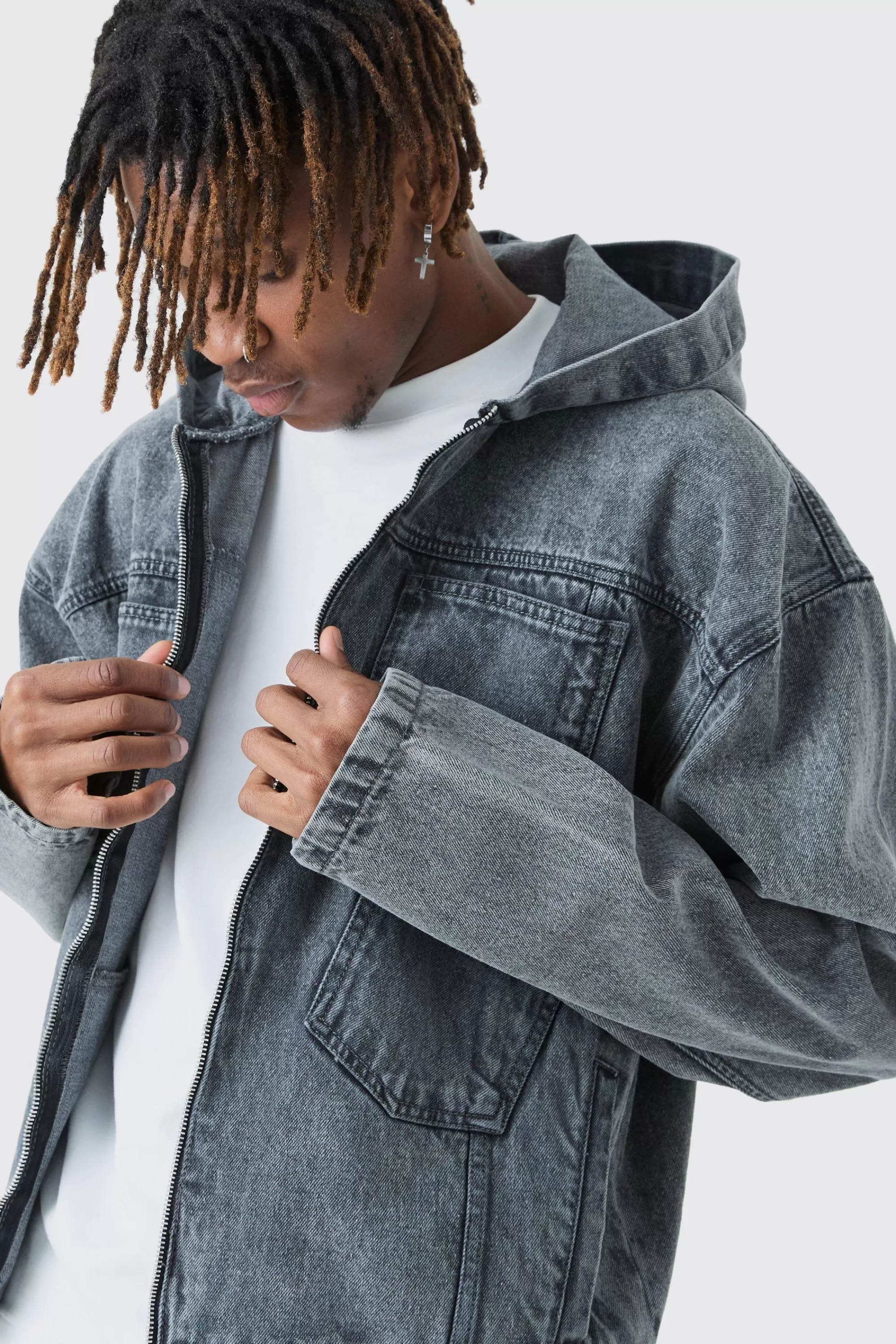 boohooMAN Tall Denim Acid Wash Hoodie | UK