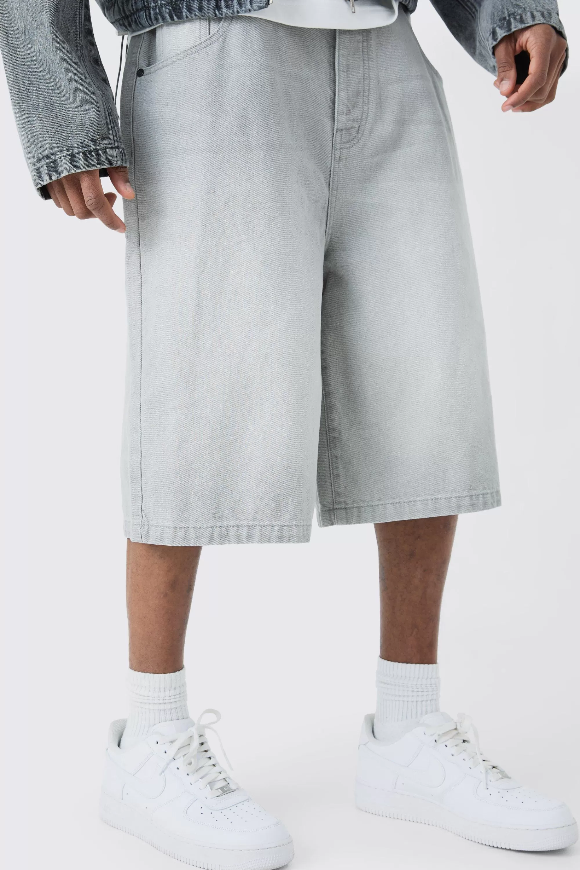 boohooMAN Tall Denim Jorts In Light Grey | UK