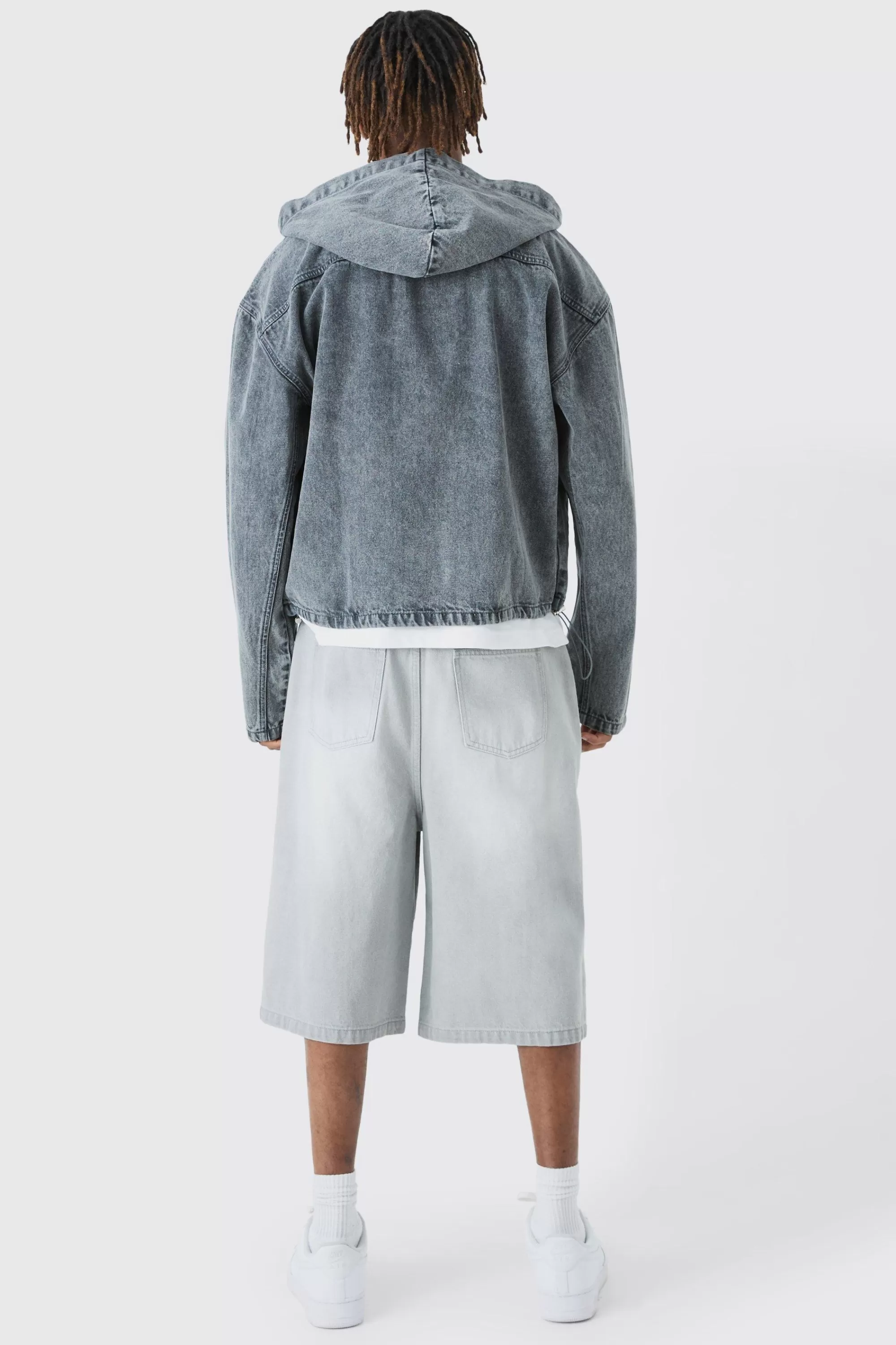 boohooMAN Tall Denim Jorts In Light Grey | UK