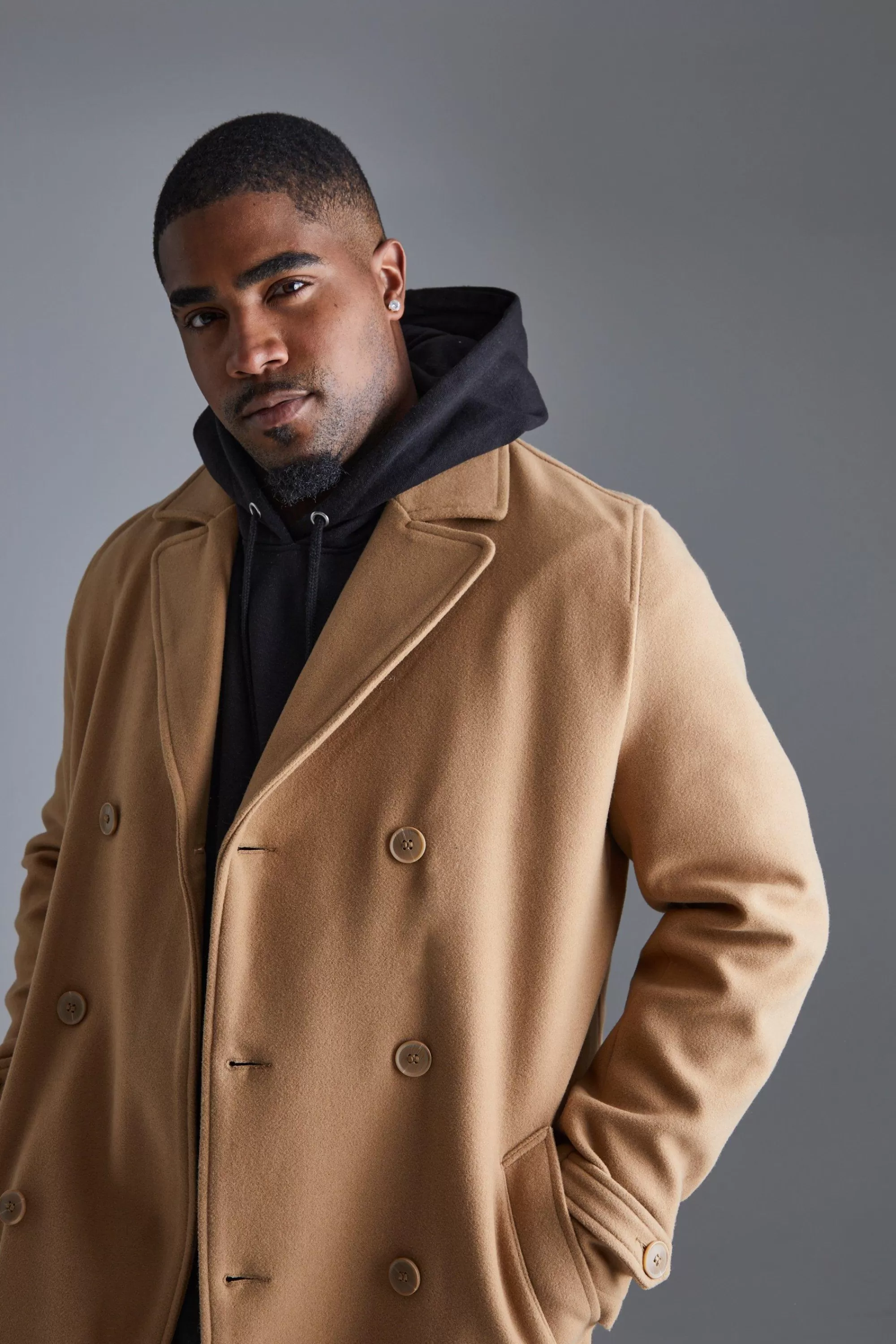 boohooMAN Tall Double Breasted Wool Look Overcoat In | UK