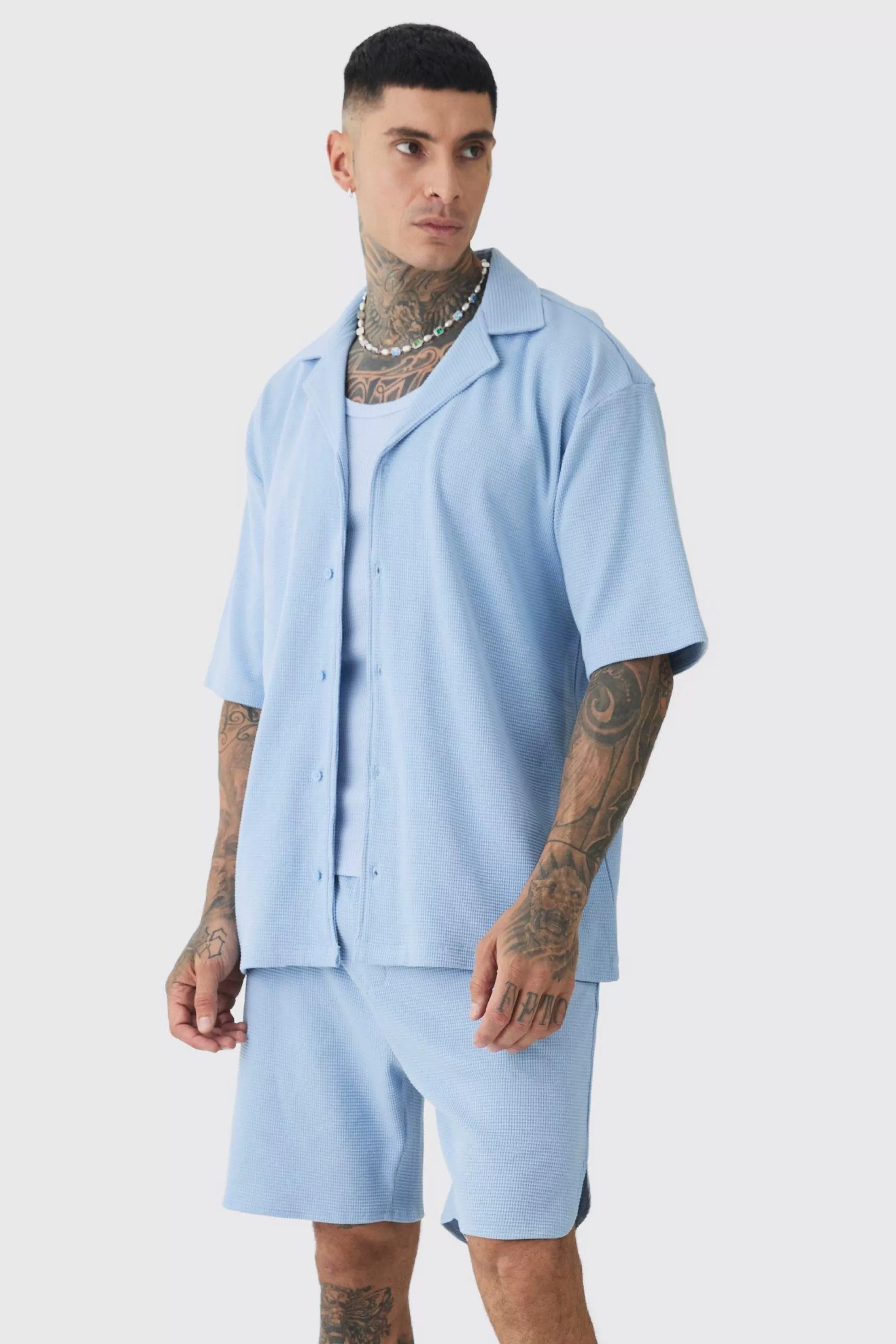 boohooMAN Tall Double Knit Jersey Texture Short Sleeve Shirt And Short Set | UK