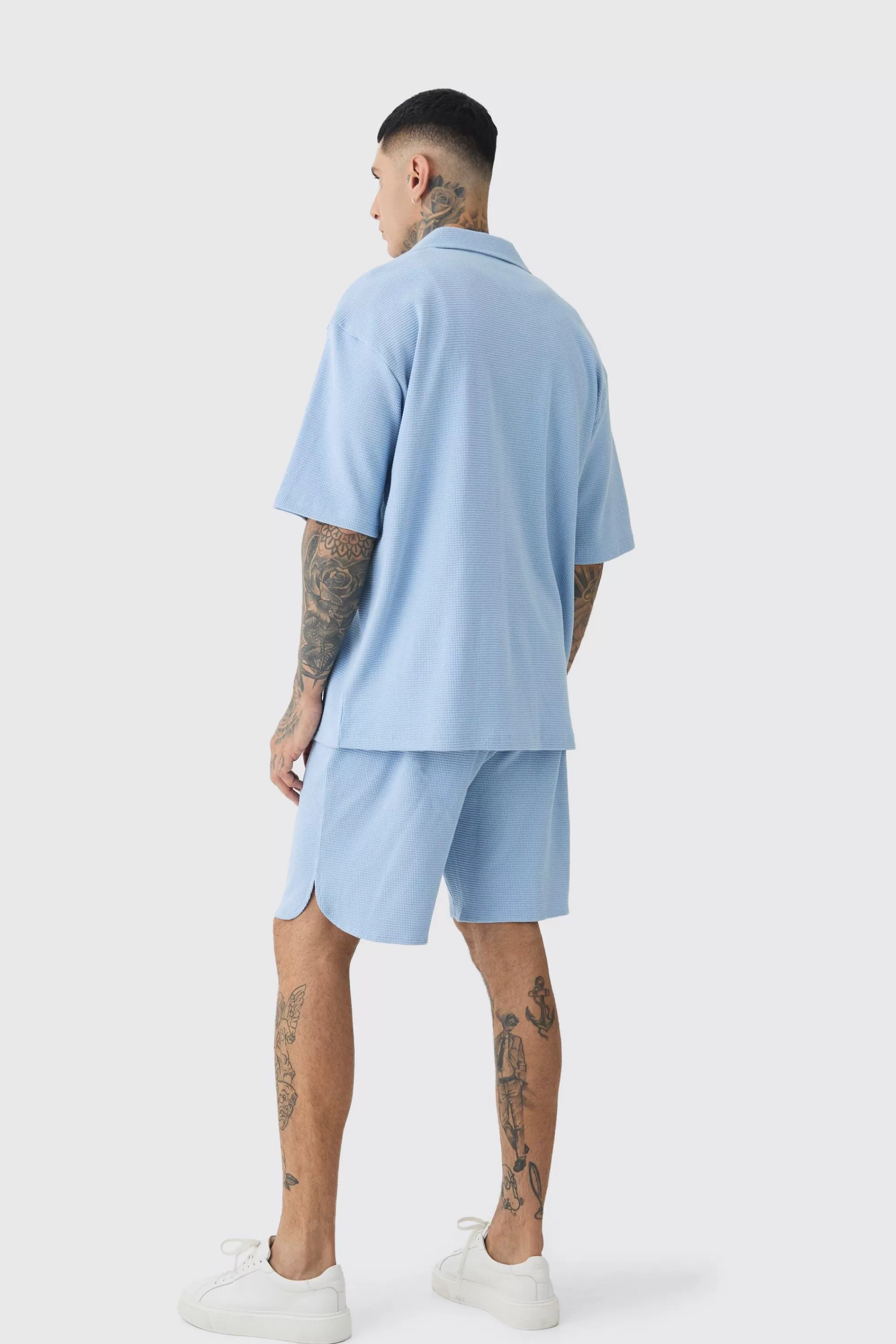 boohooMAN Tall Double Knit Jersey Texture Short Sleeve Shirt And Short Set | UK