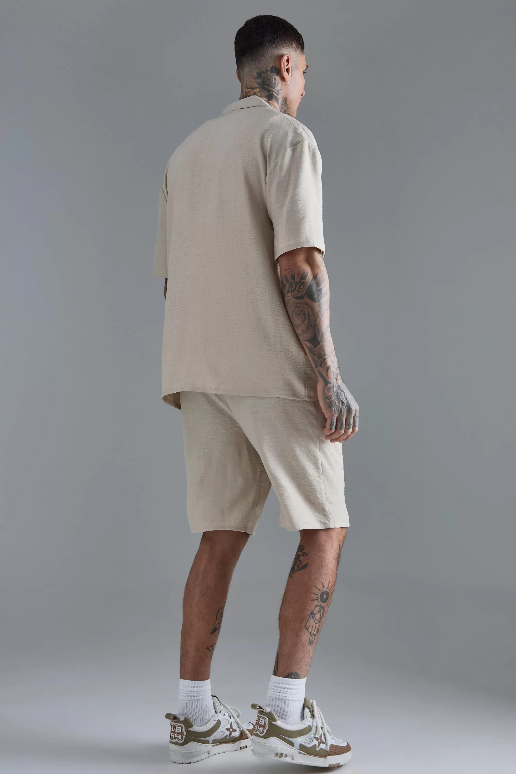 boohooMAN Tall Drop Revere Linen Shirt & Short Set In | UK