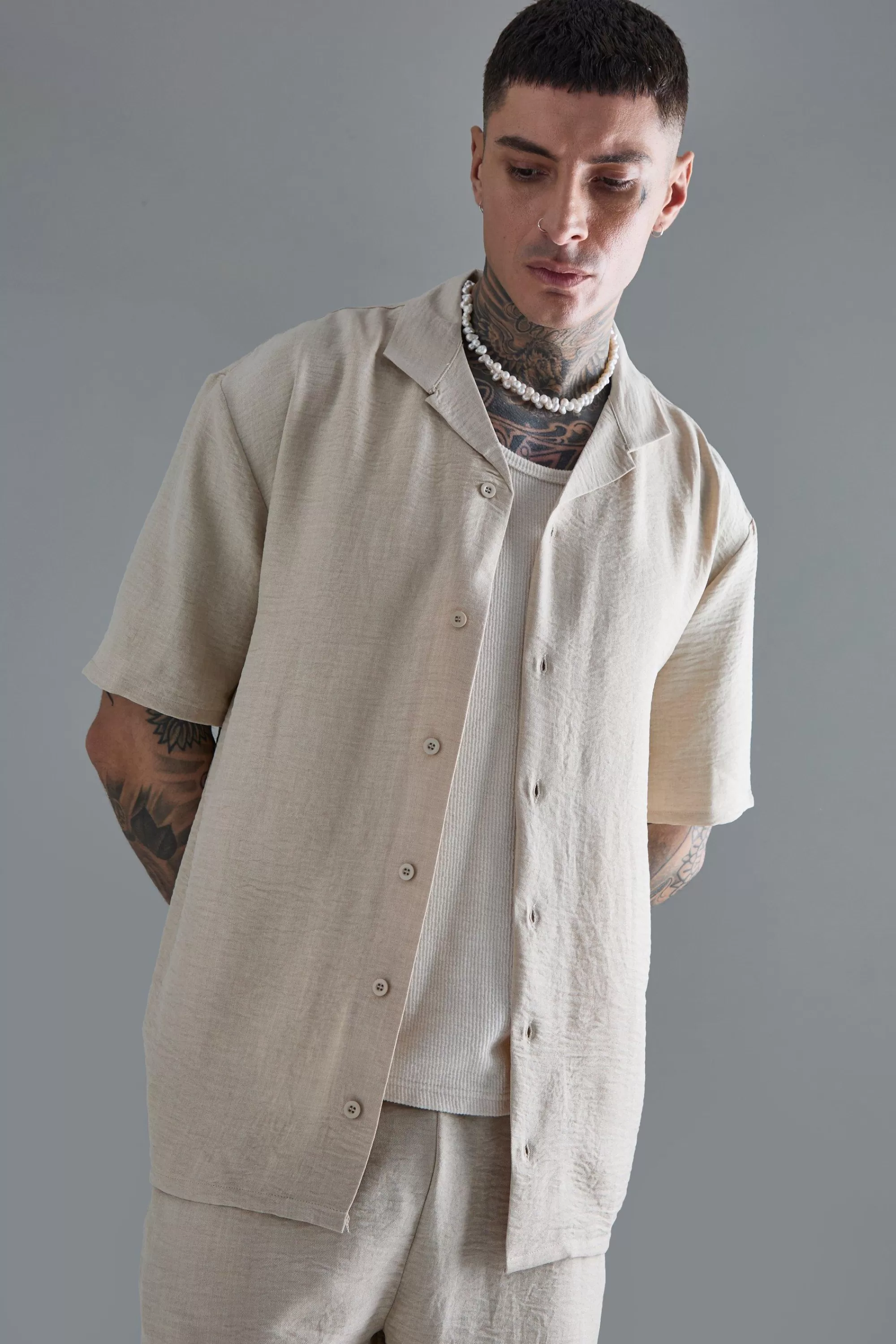 boohooMAN Tall Drop Revere Linen Shirt & Short Set In | UK