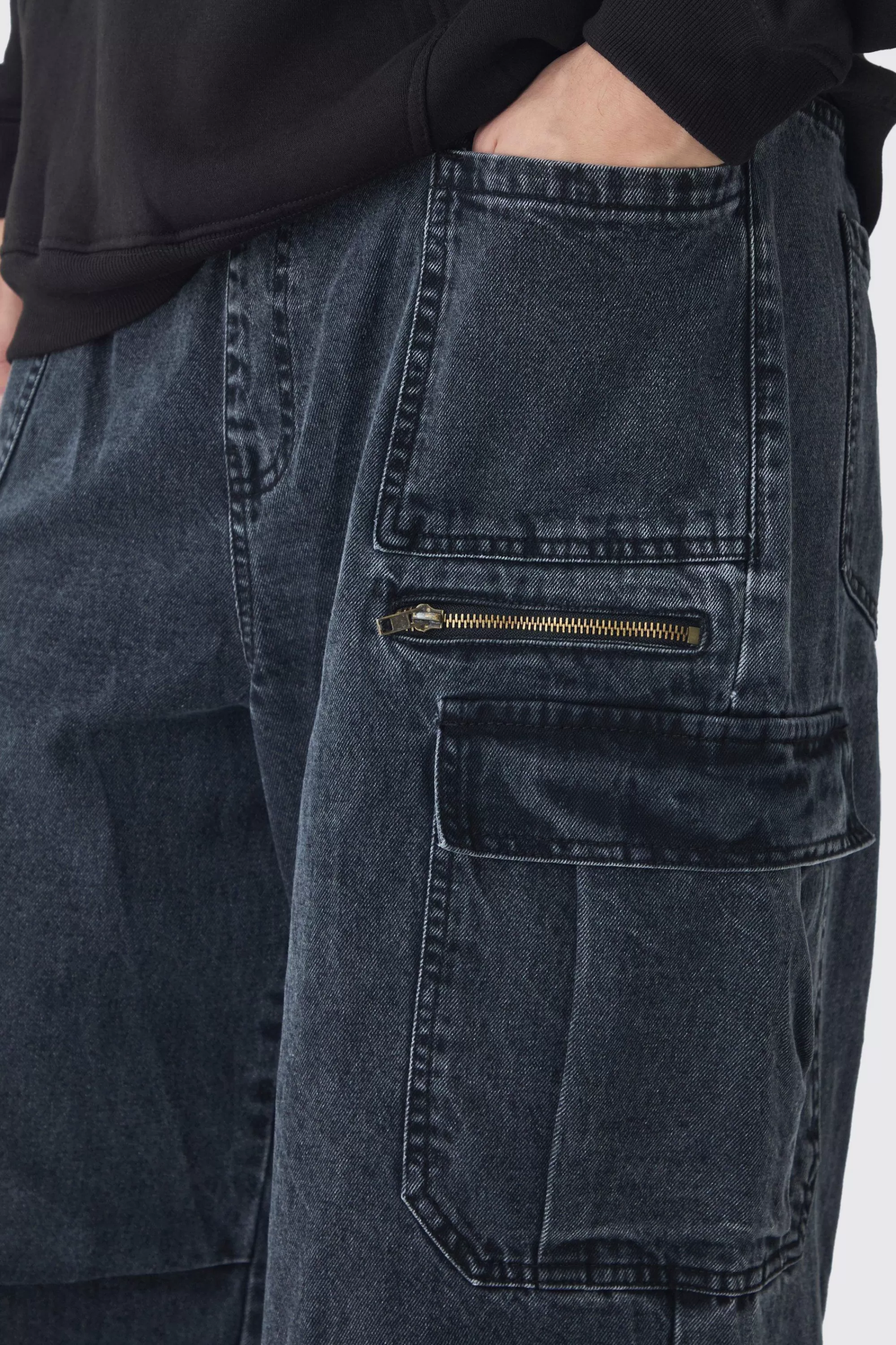 boohooMAN Tall Elasticated Waist Acid Wash Parachute Cargo Jeans | UK