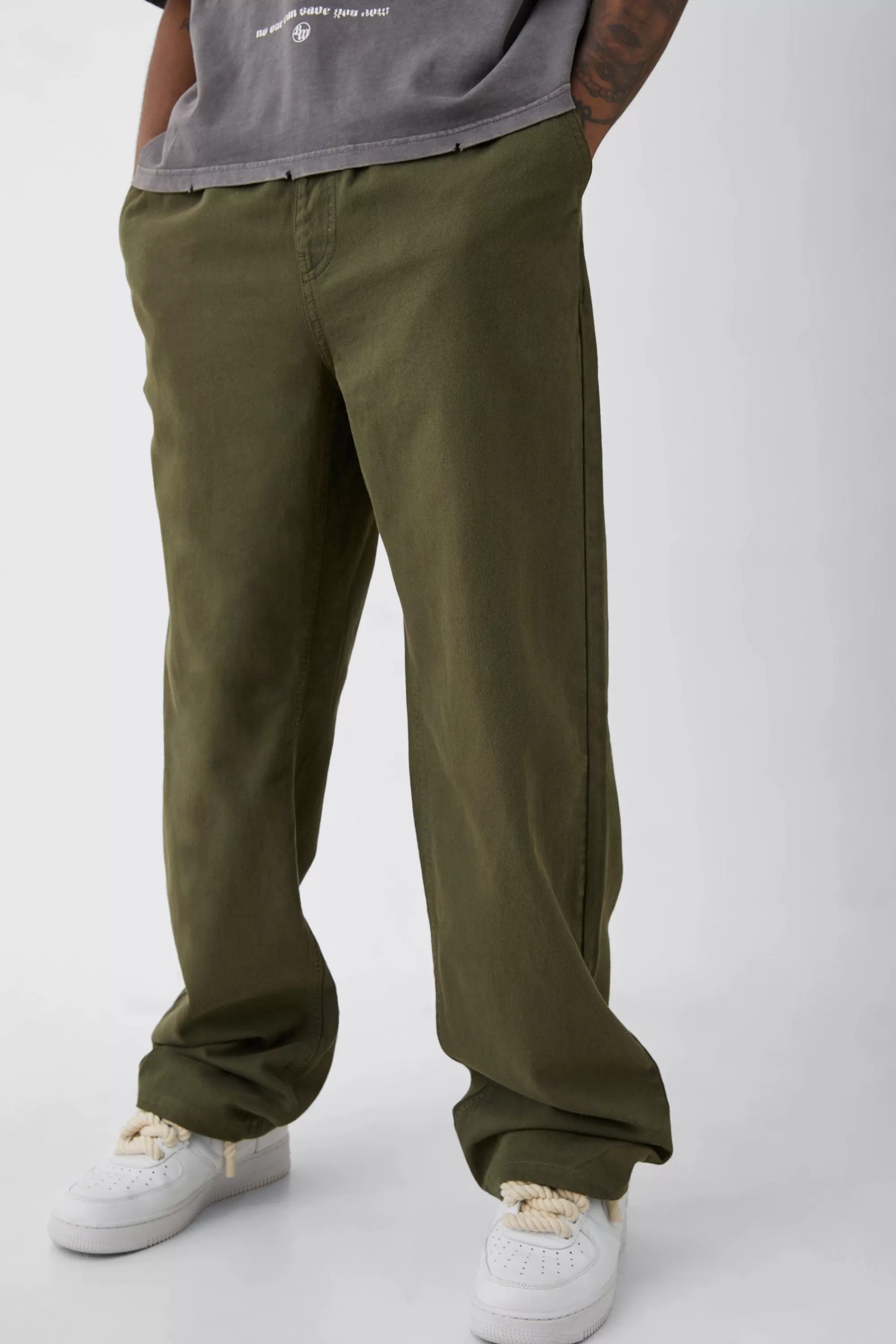 boohooMAN Tall Elasticated Waist Drawcord Detail Relaxed Fit Trouser In | UK