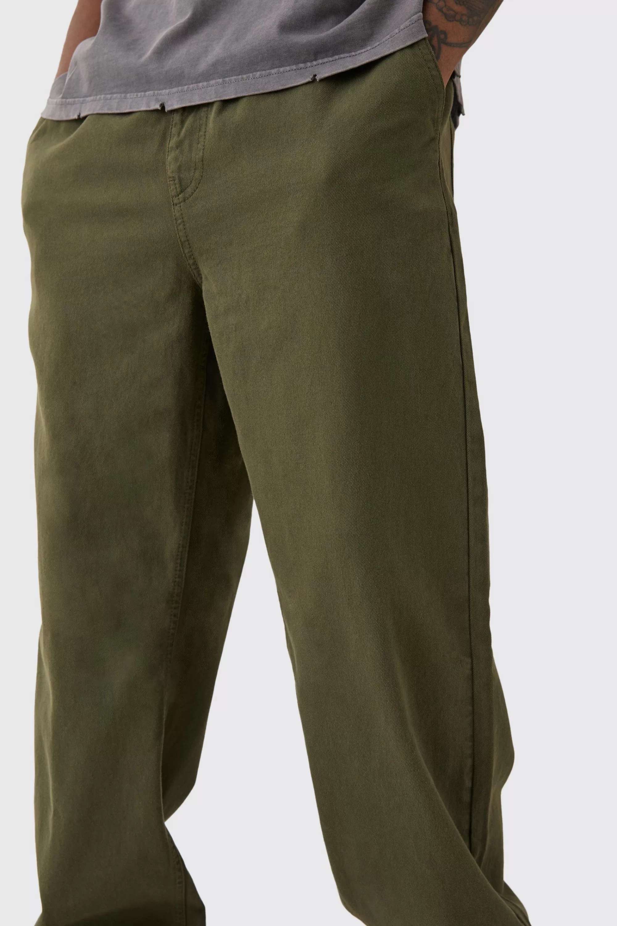boohooMAN Tall Elasticated Waist Drawcord Detail Relaxed Fit Trouser In | UK
