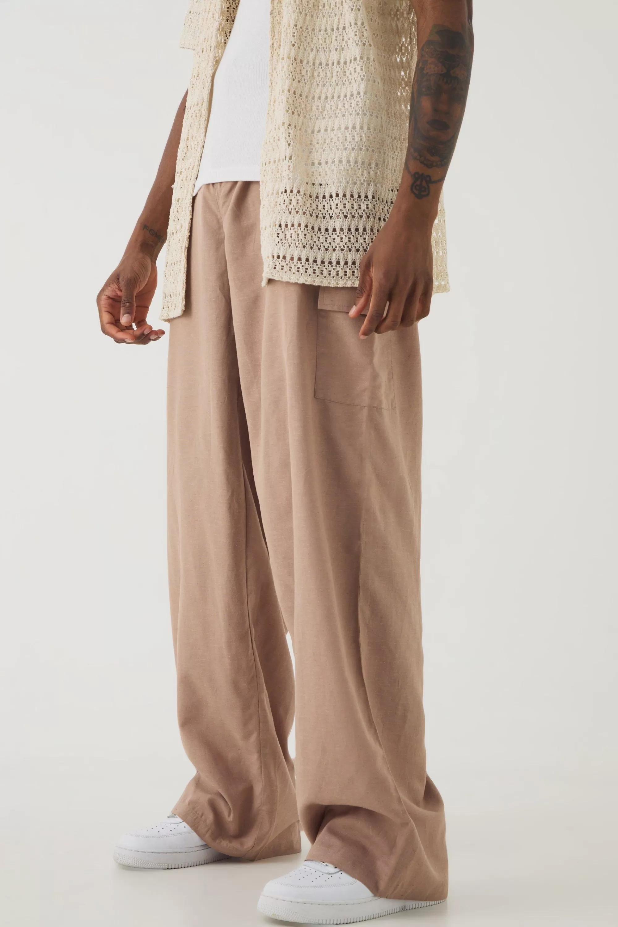 boohooMAN Tall Elasticated Waist Oversized Linen Cargo Trouser In | UK