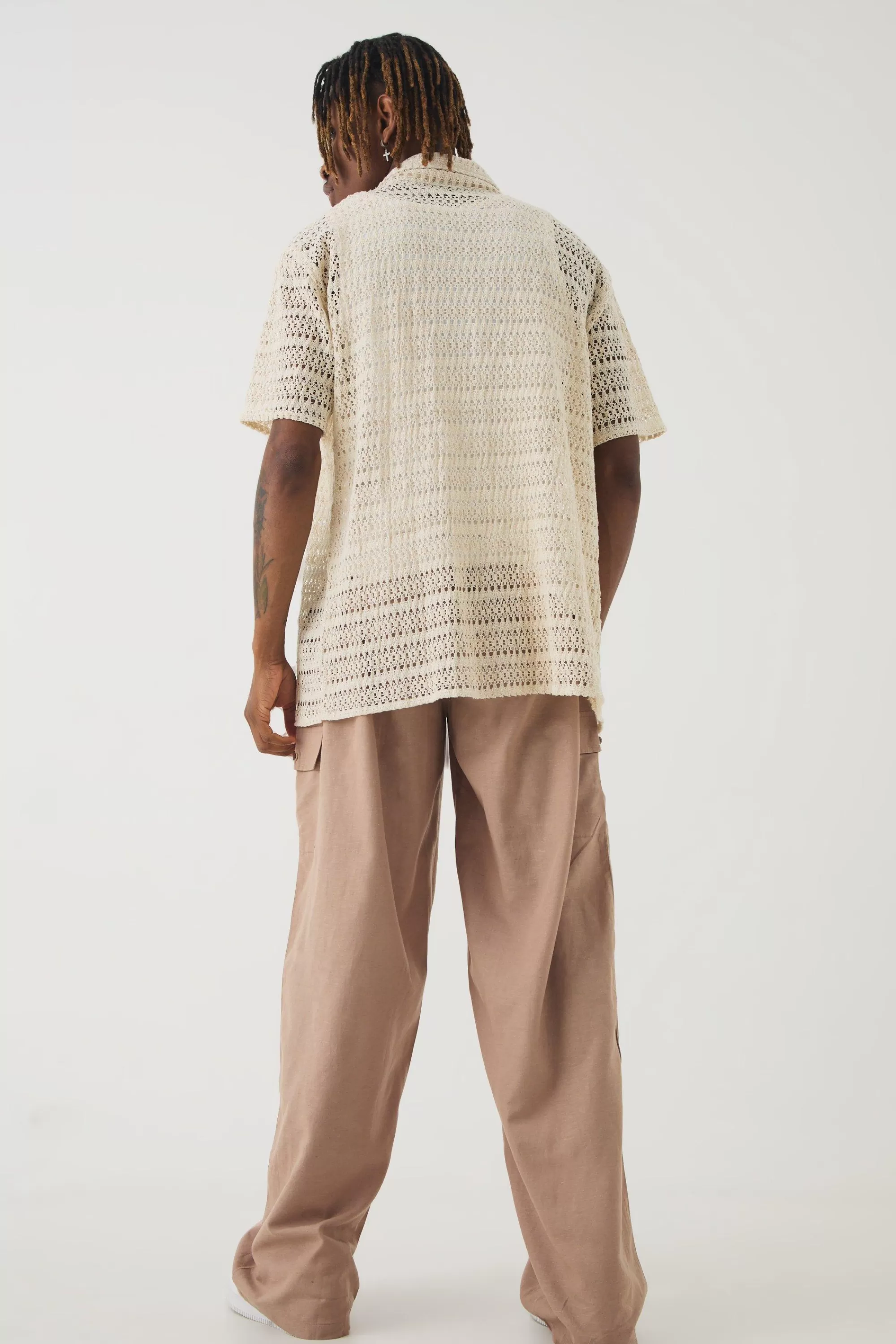 boohooMAN Tall Elasticated Waist Oversized Linen Cargo Trouser In | UK
