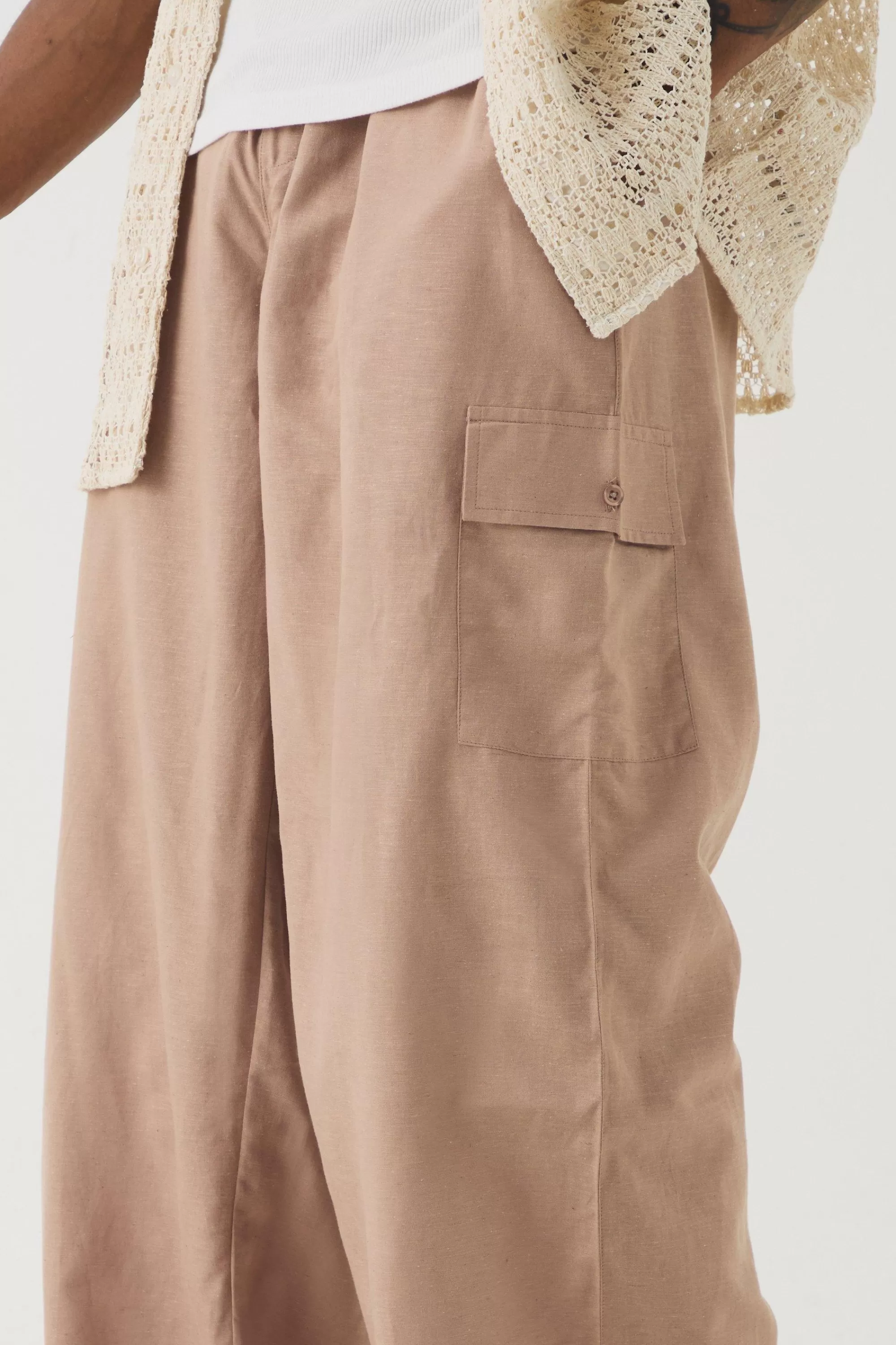 boohooMAN Tall Elasticated Waist Oversized Linen Cargo Trouser In | UK