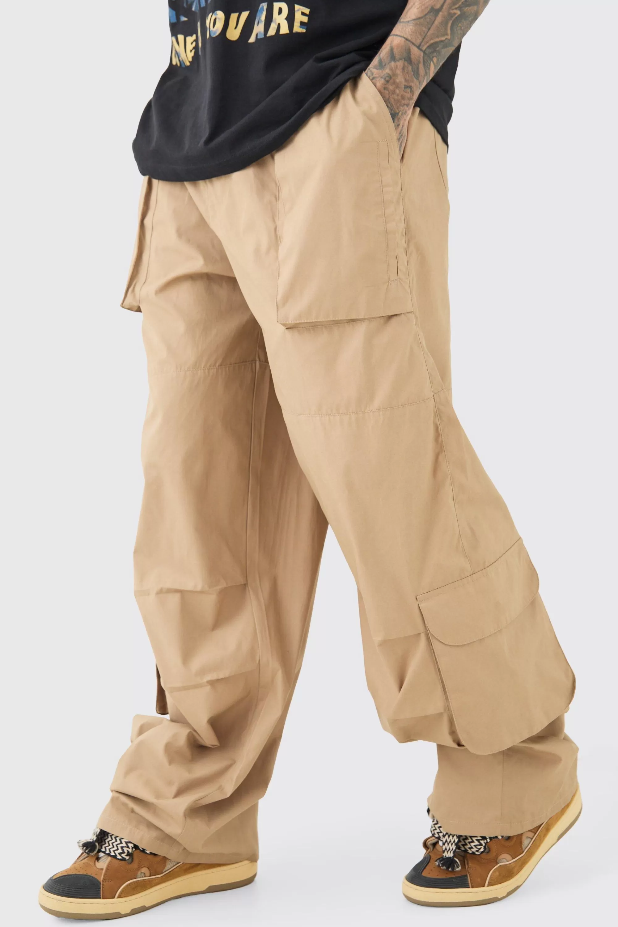 boohooMAN Tall Elasticated Waist Oversized Peached Cargo Trouser | UK