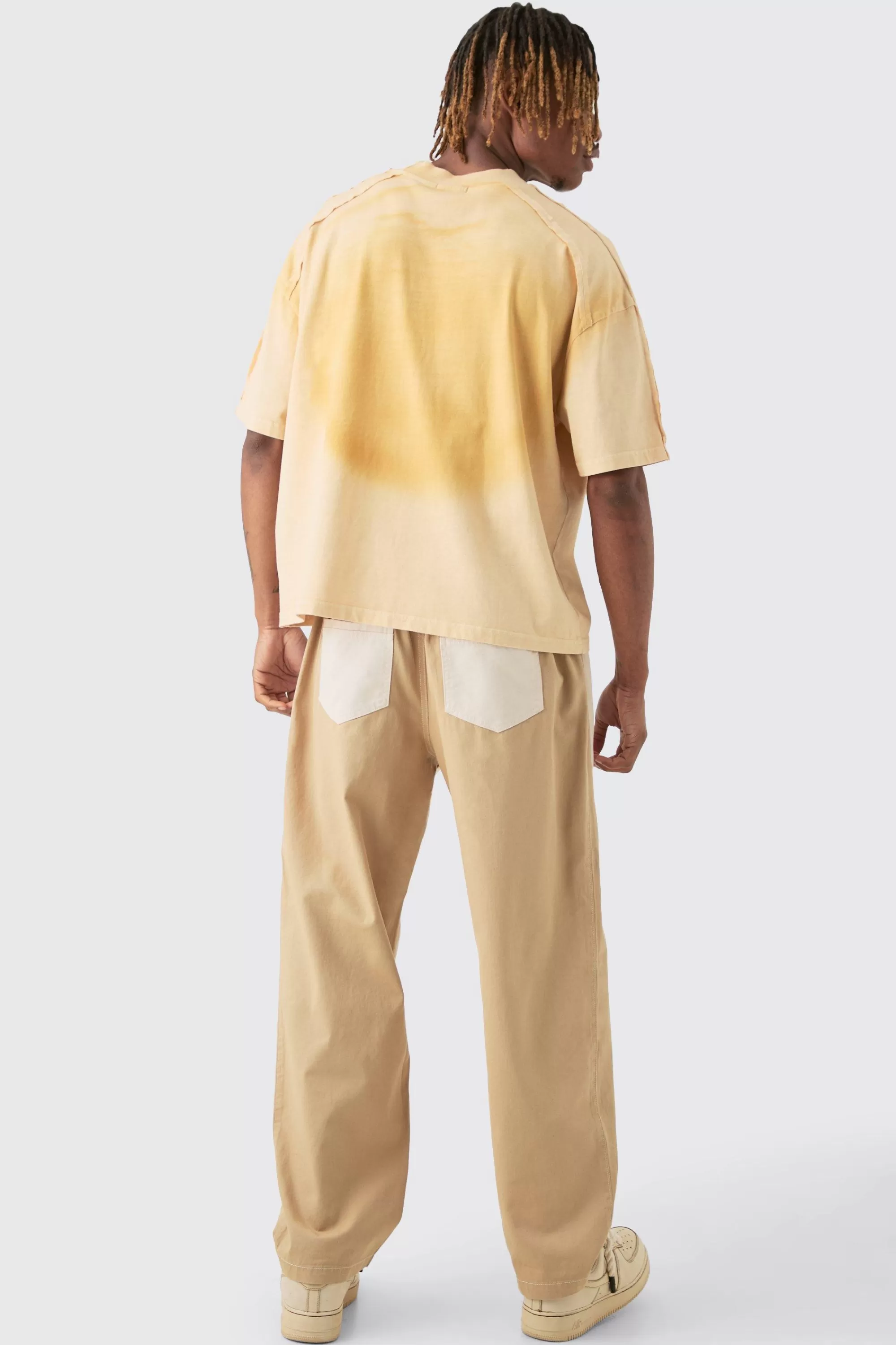 boohooMAN Tall Elasticated Waist Twill Crop Twisted Seam Washed Trouser | UK