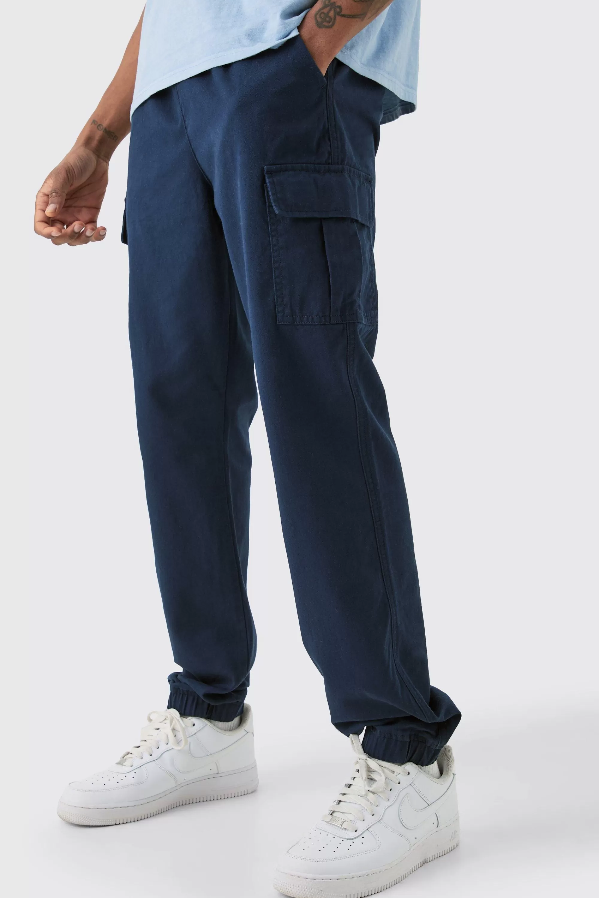 boohooMAN Tall Elasticated Waist Twill Slim Fit Cargo Trouser | UK