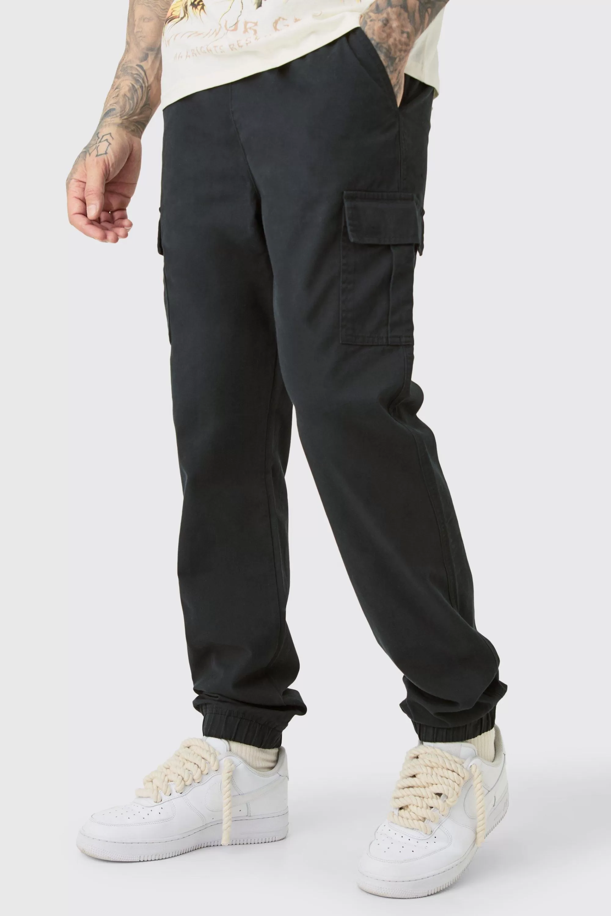 boohooMAN Tall Elasticated Waist Twill Slim Fit Cargo Trouser | UK