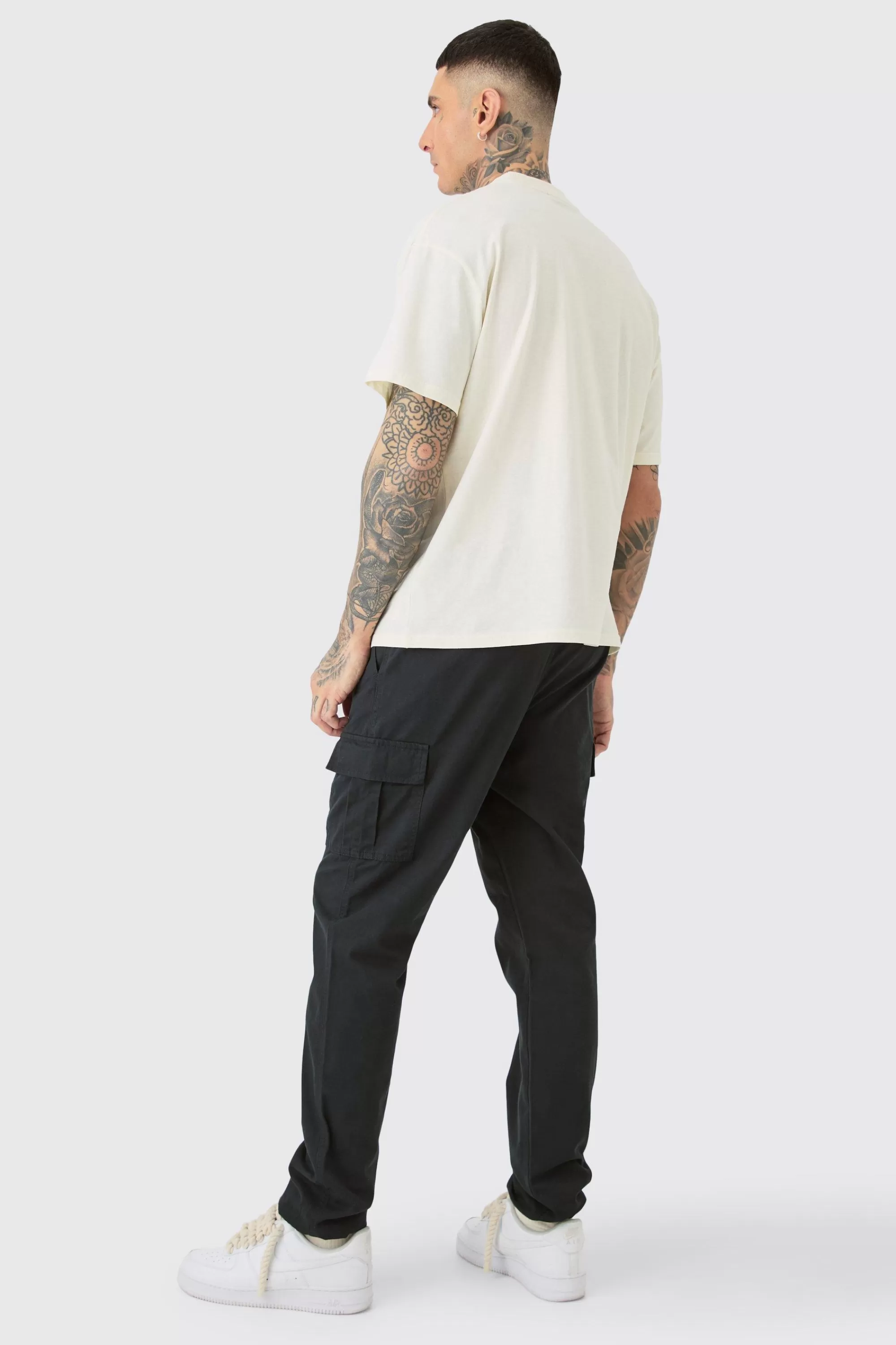 boohooMAN Tall Elasticated Waist Twill Slim Fit Cargo Trouser | UK