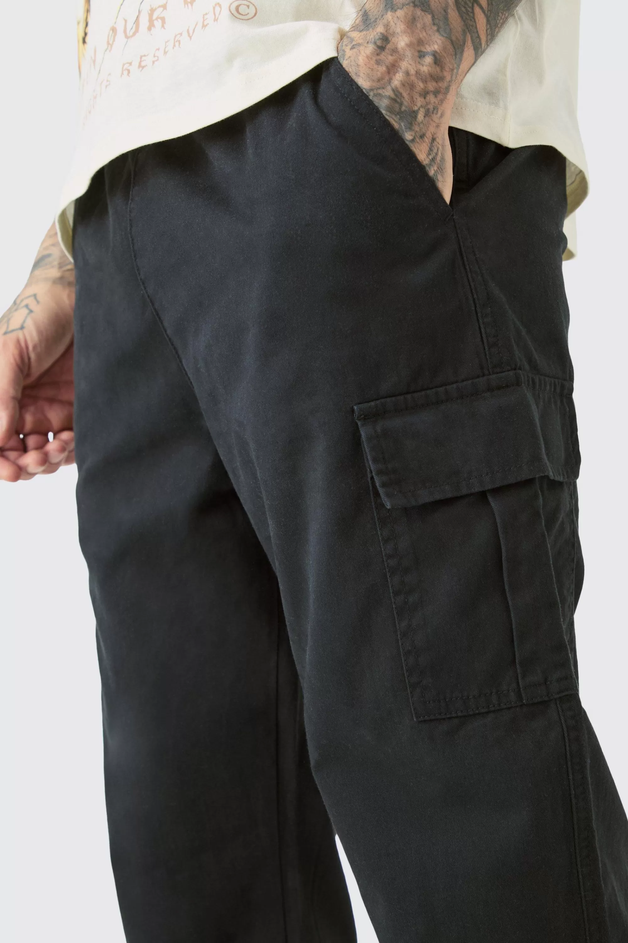 boohooMAN Tall Elasticated Waist Twill Slim Fit Cargo Trouser | UK
